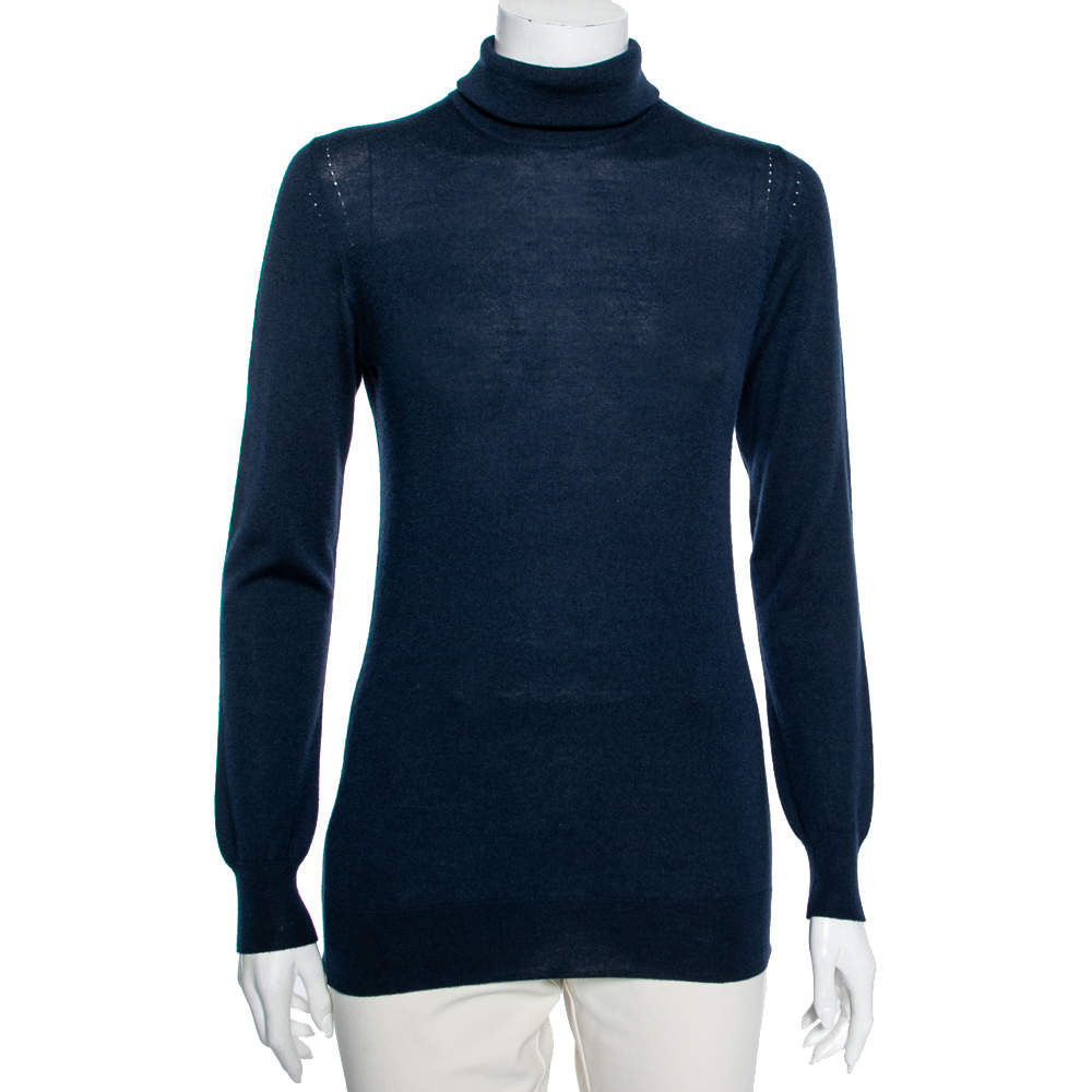 Pre Owned Loro Piana Navy Blue Cashmere Long Sleeve Turtle Neck Sweater M
