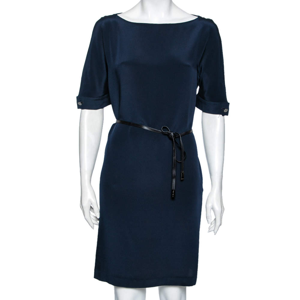 Pre Owned Loro Piana Navy Blue Silk Crew Neck Belted Dress M