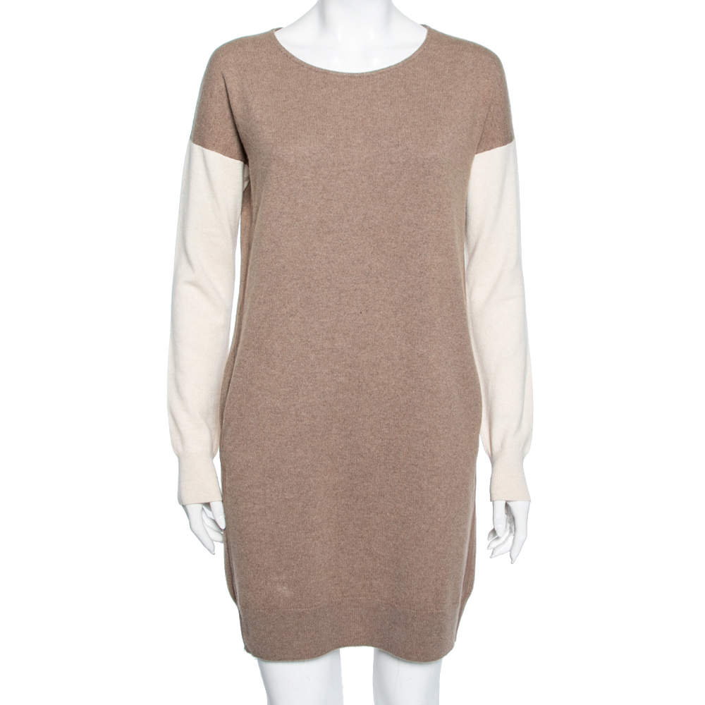 Pre Owned Loro Piana Beige Two Toned Cashmere & Suede Trimmed Dress M
