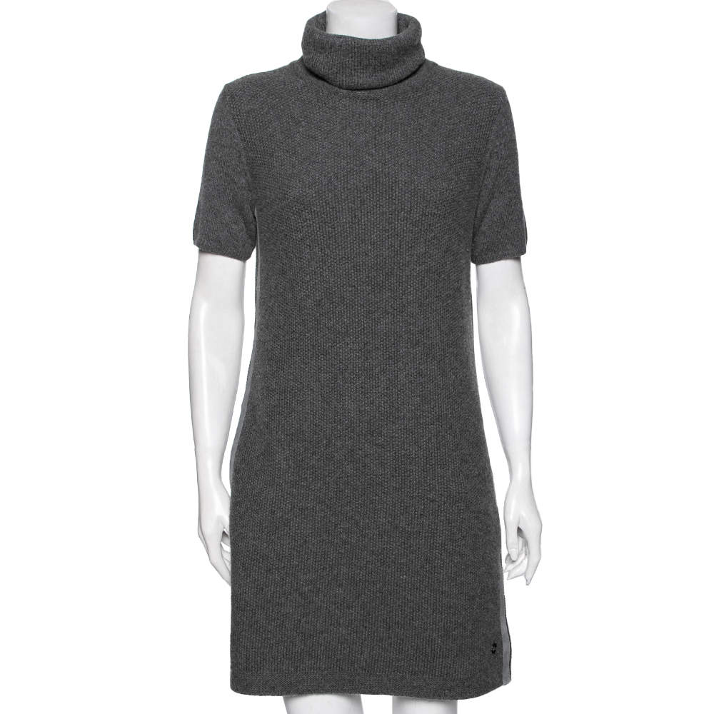 Pre Owned Loro Piana Grey Cashmere Turtleneck Short Sleeve Dress M