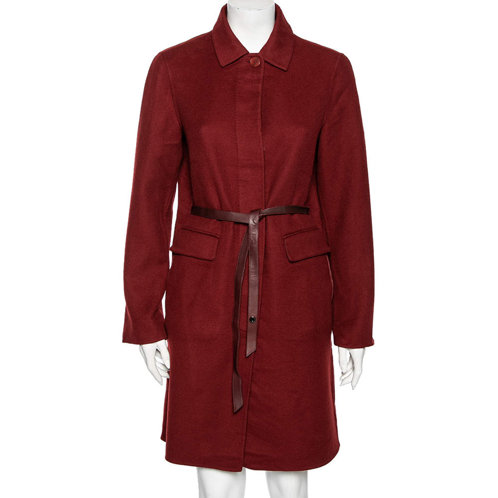 Pre Owned Loro Piana Maroon Cashmere & Suede Belted Coat M