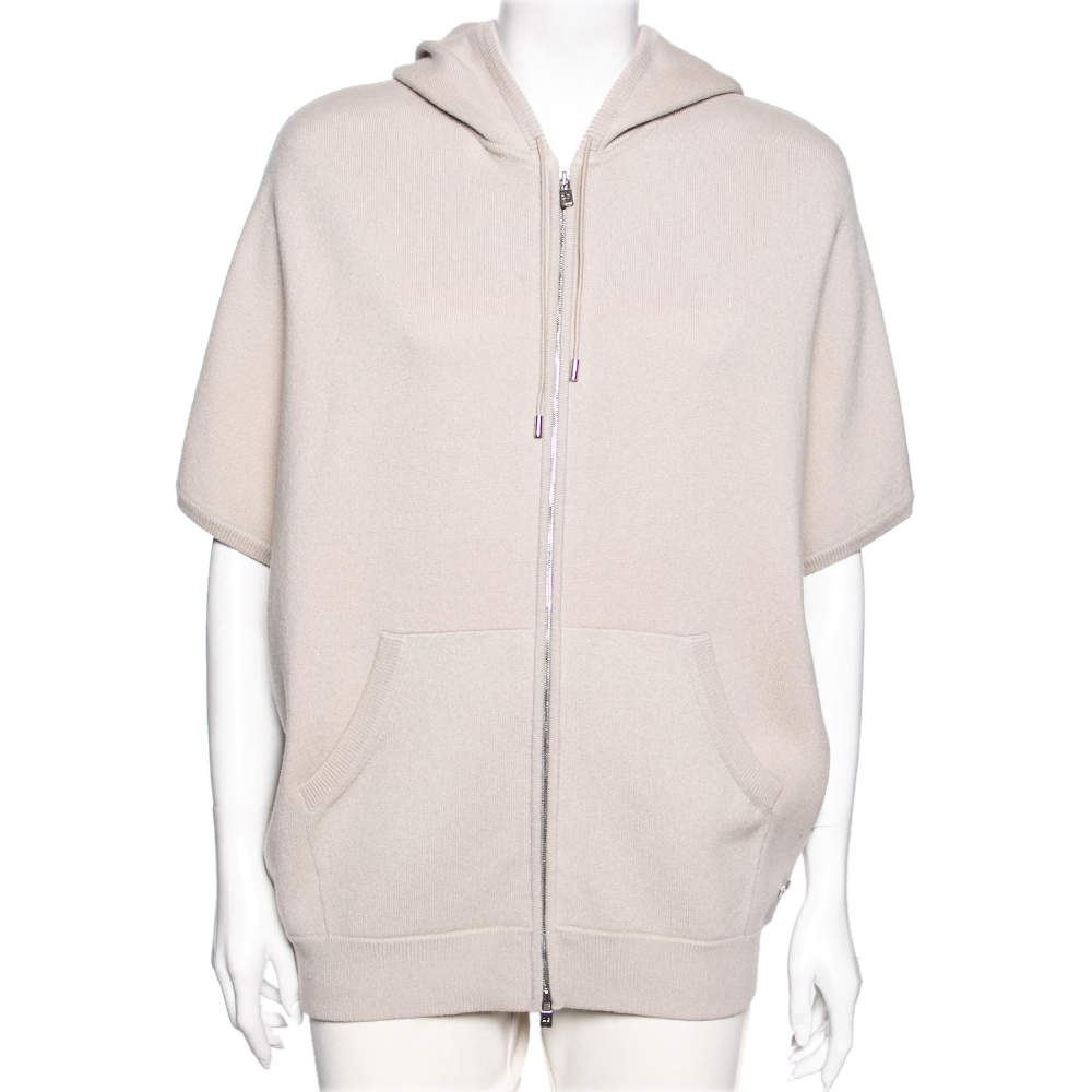 Pre Owned Loro Piana Beige Cashmere Drop Shoulder Zip Front Hooded Jacket M