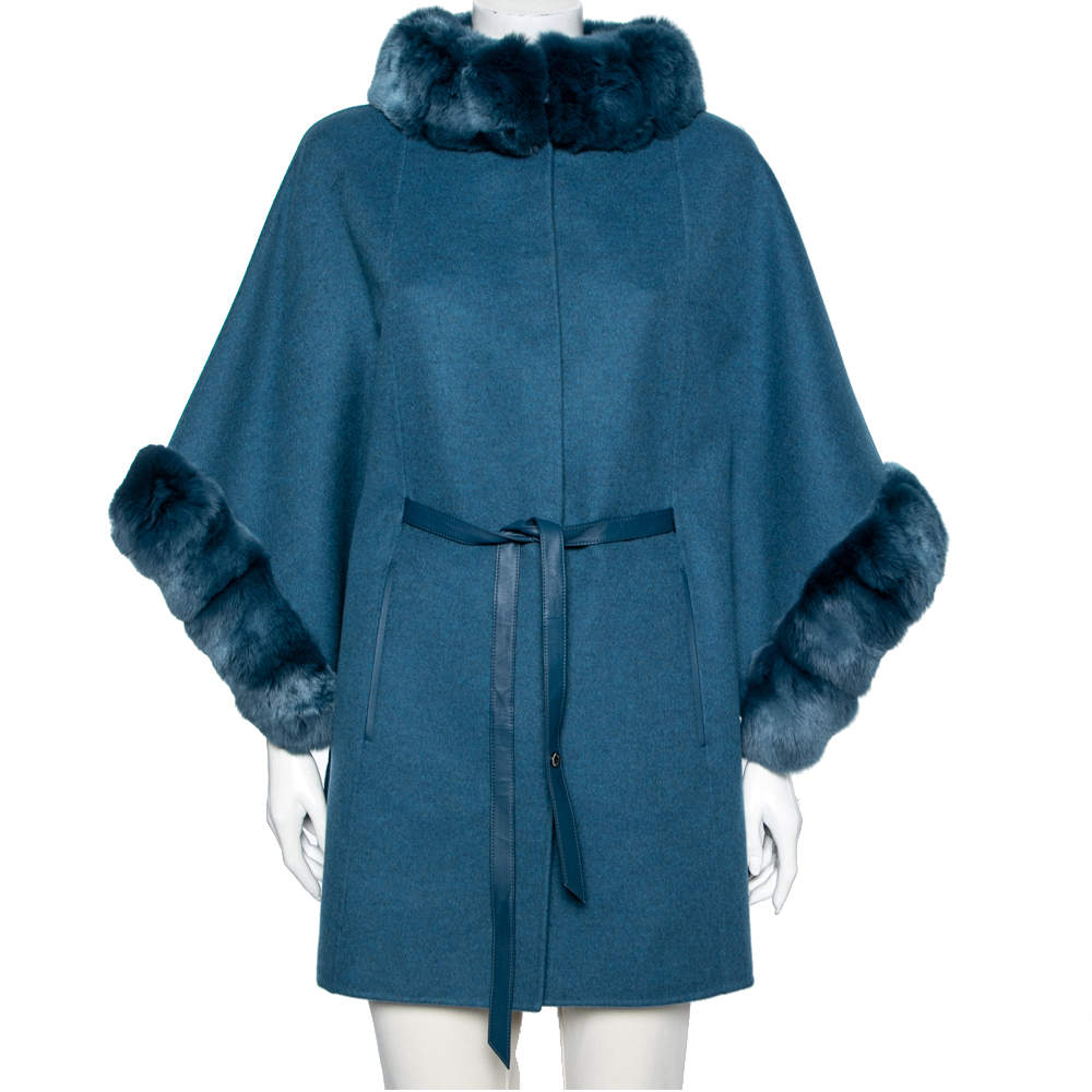 Pre Owned Loro Piana Blue Cashmere & Fur Trimmed Belted Salzburg Cape M