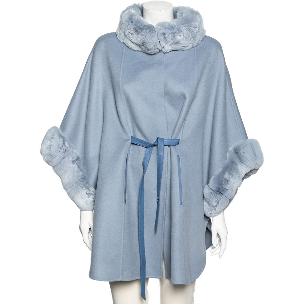 Pre Owned Loro Piana Light Blue Cashmere & Fur Trimmed Belted Salzburg Cape M