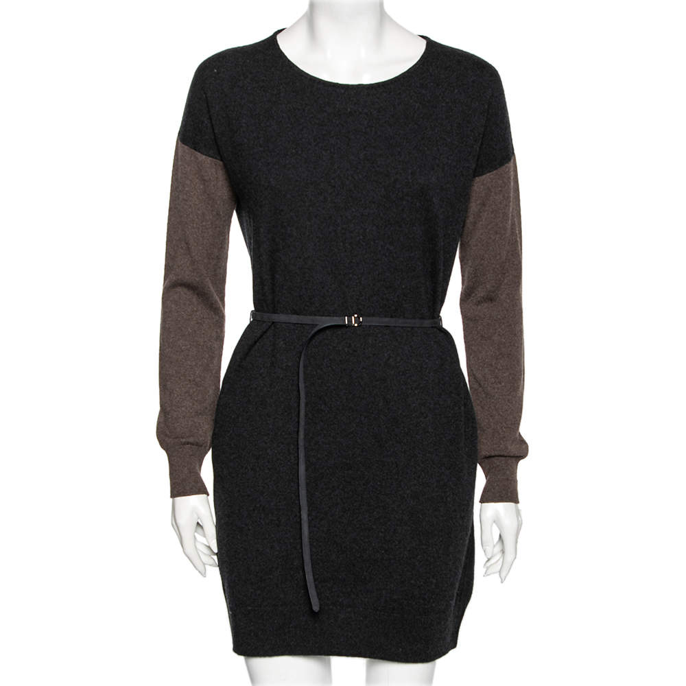 Pre Owned Loro Piana Dark Grey Two Toned Cashmere & Suede Trimmed Belted Dress M