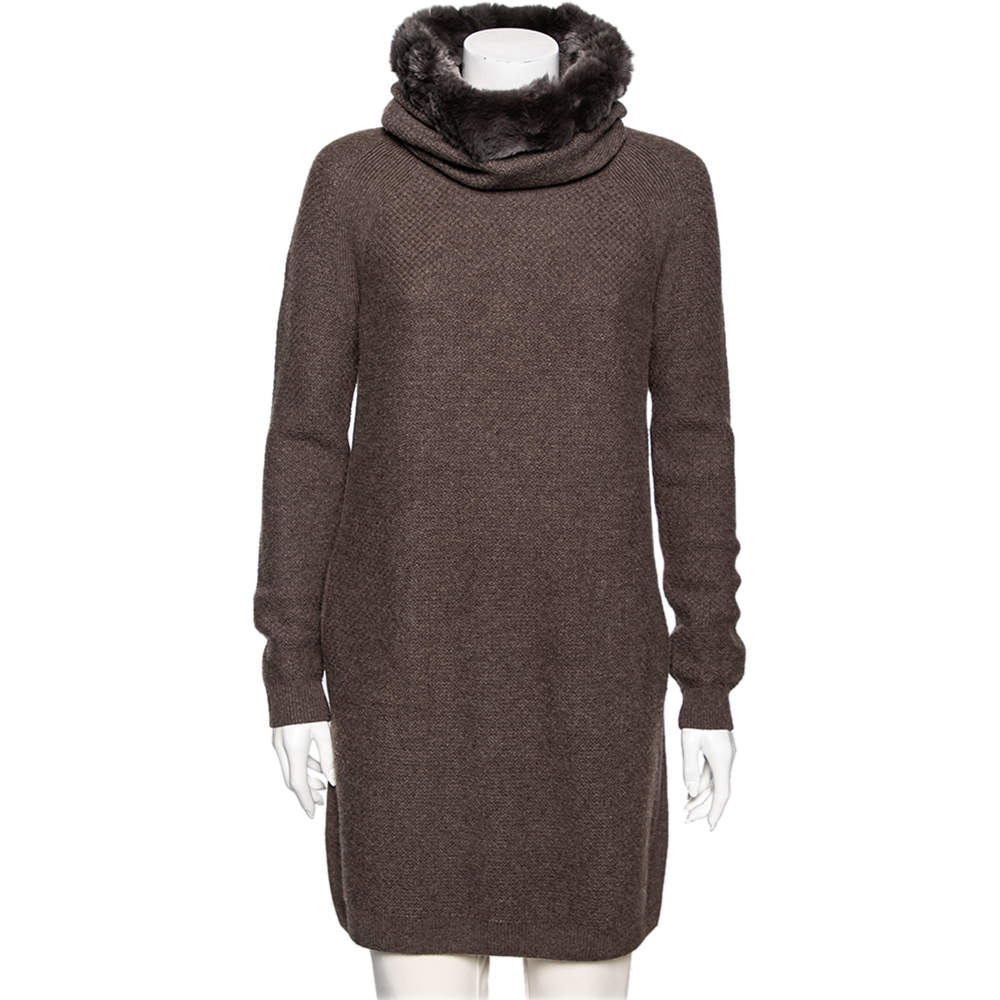 Pre Owned Loro Piana Brown Cashmere Collar Detail Sweater Dress M