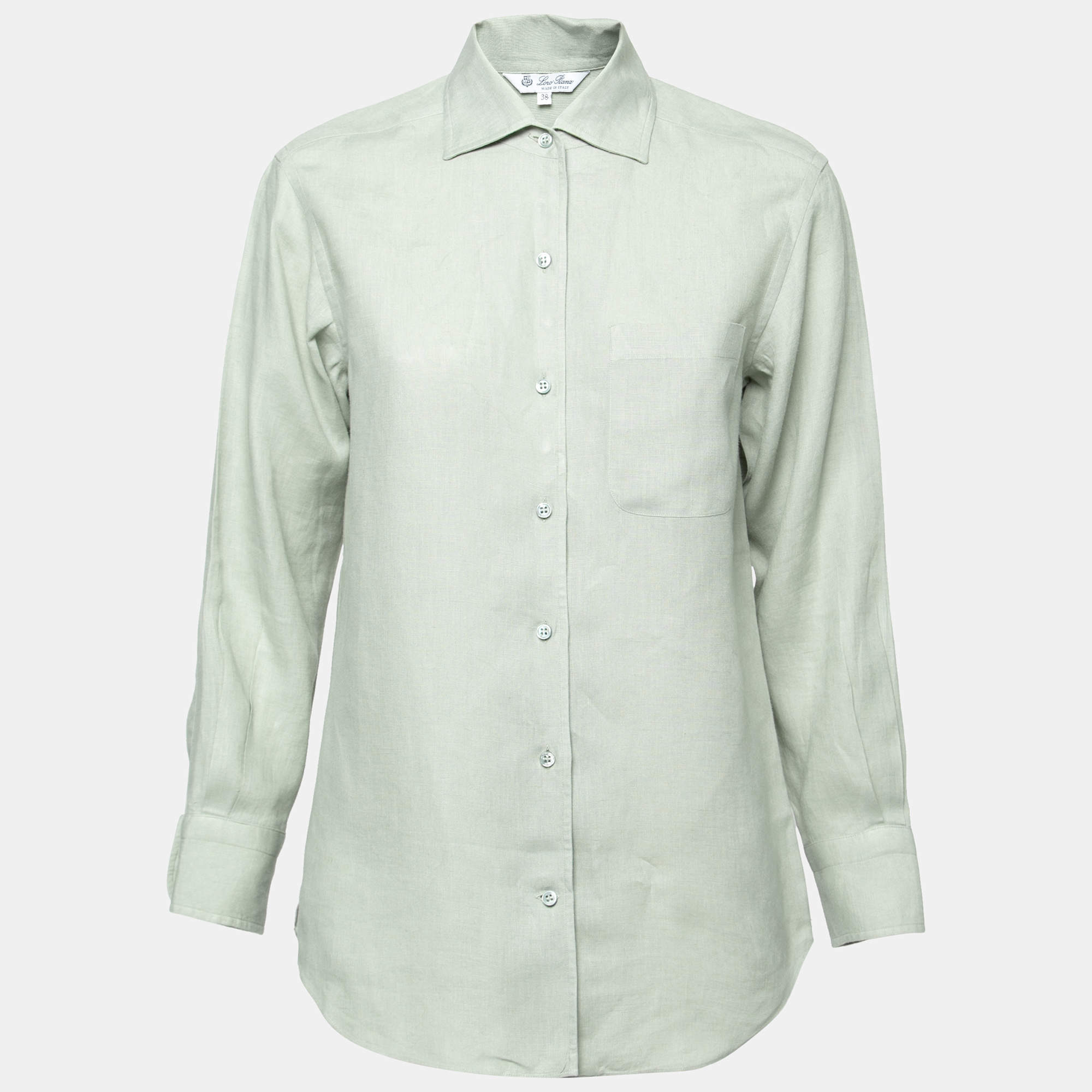 Pre Owned Loro Piana Light Green Linen Pocket Detail Button Front Shirt S