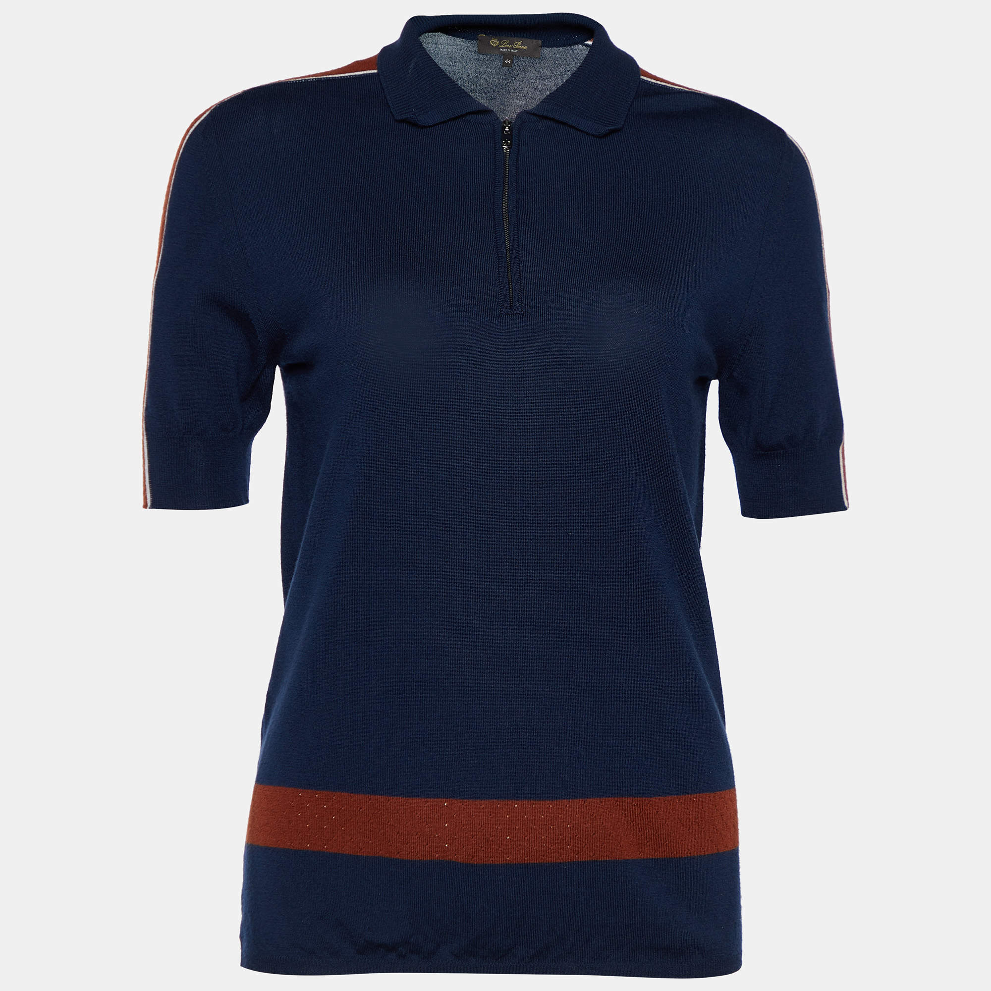 Pre Owned Loro Piana Navy Blue Striped Wool Knit Zip Up Polo Sweater M