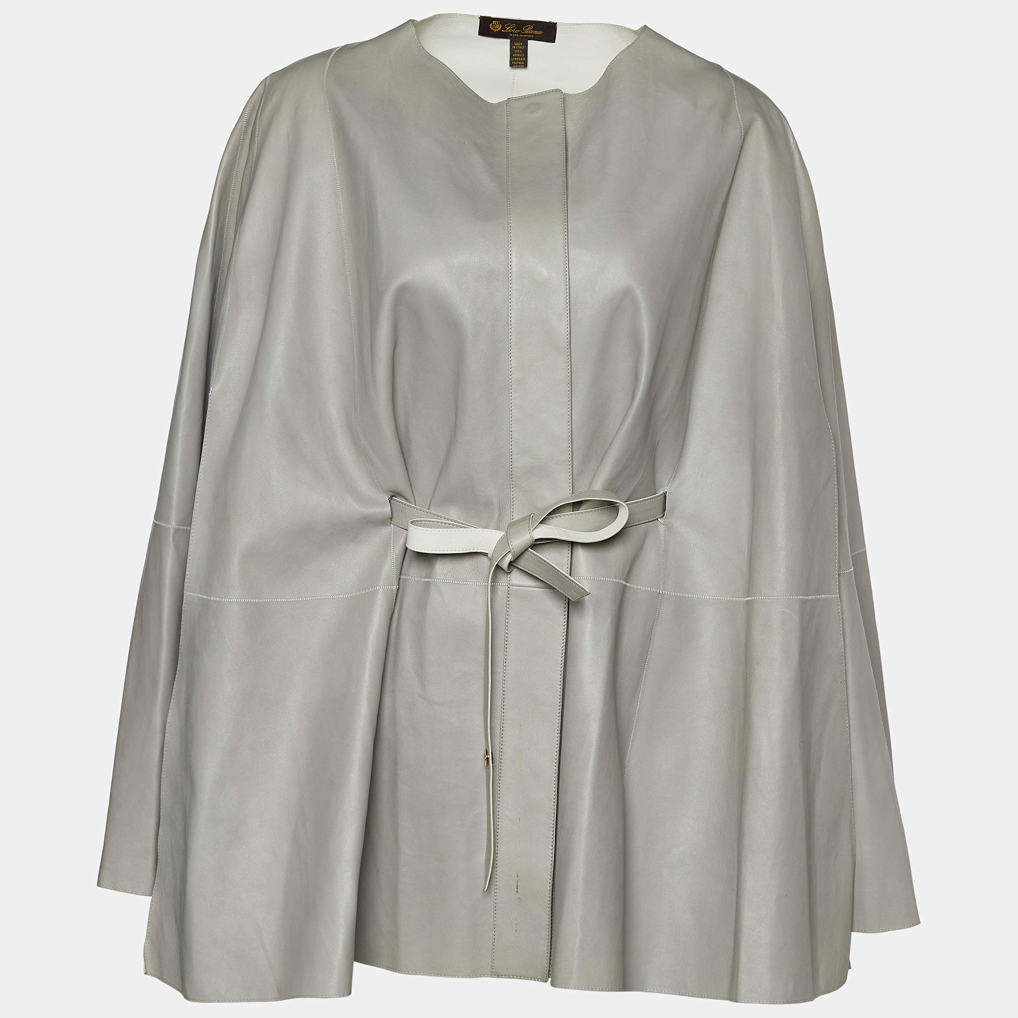 Pre Owned Loro Piana Grey Leather Belted Cape One Size