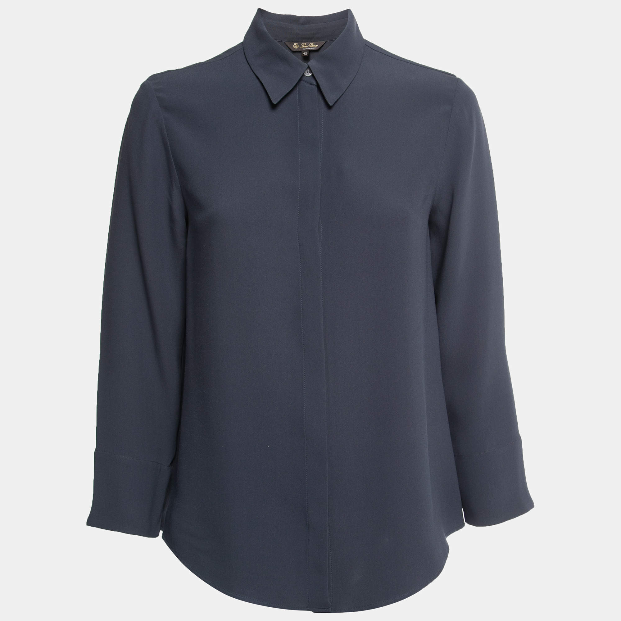 Pre Owned Loro Piana Slate Blue Silk Concealed Button Shirt M