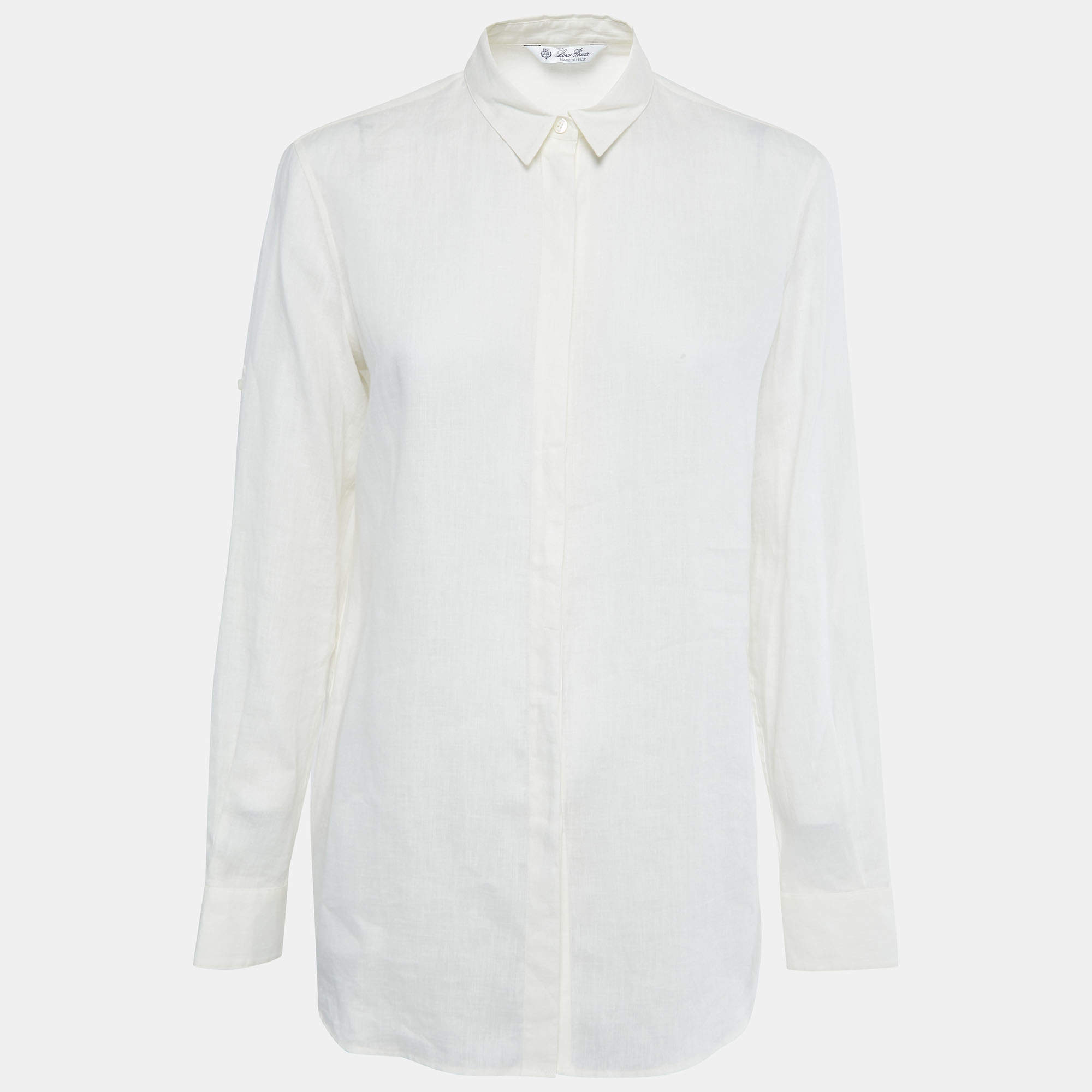 Pre Owned Loro Piana White Linen Button Front Shirt M