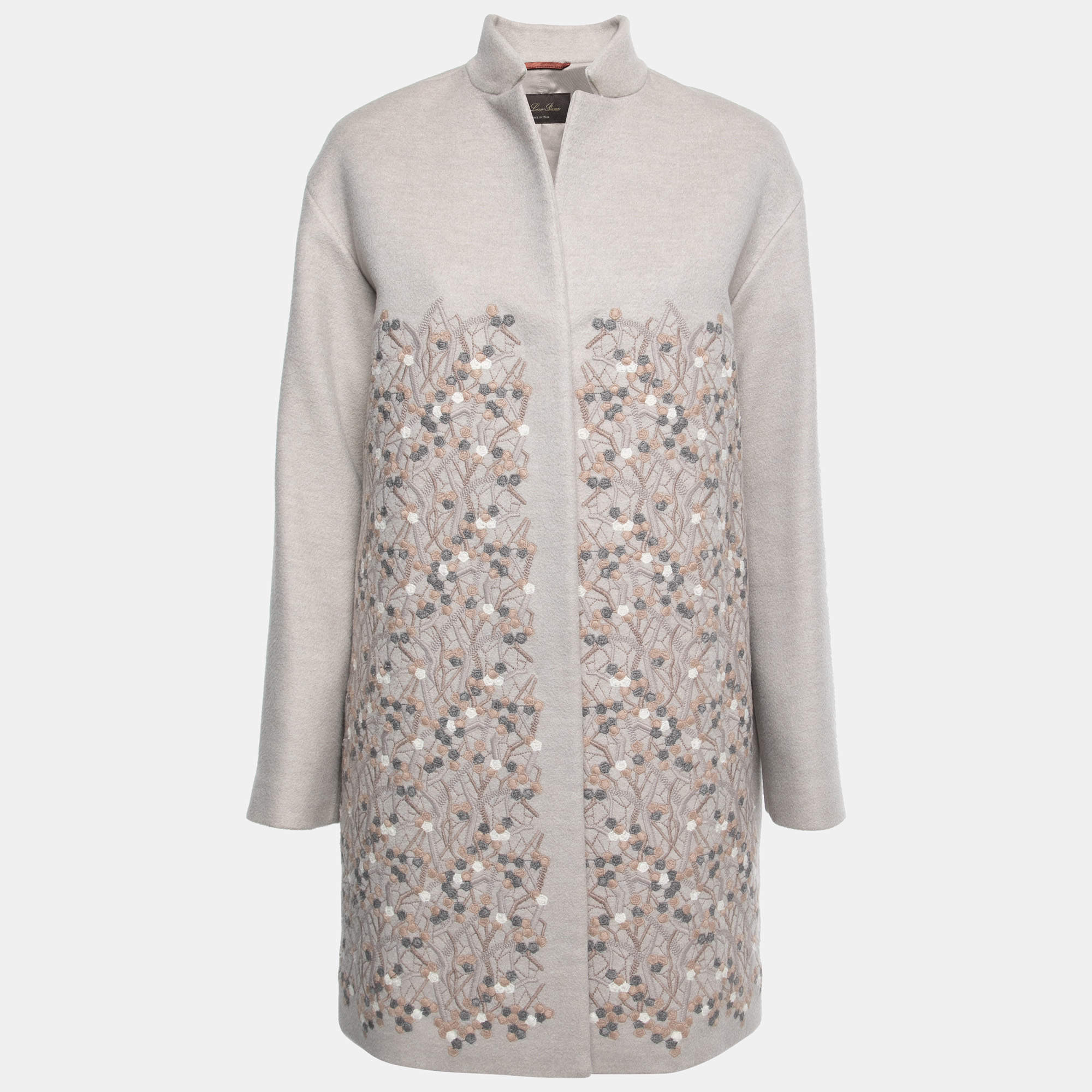 Pre Owned Loro Piana Grey Embroidered Cashmere Long Sleeves Car Coat M