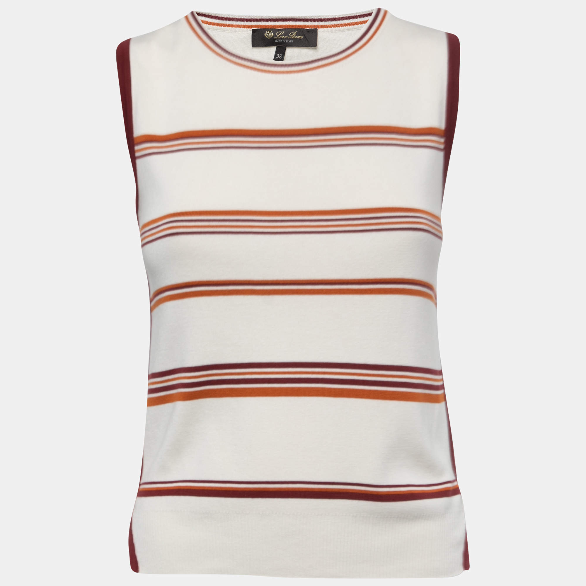 Pre Owned Loro Piana White Striped Patterned Knit Sleeveless Top S