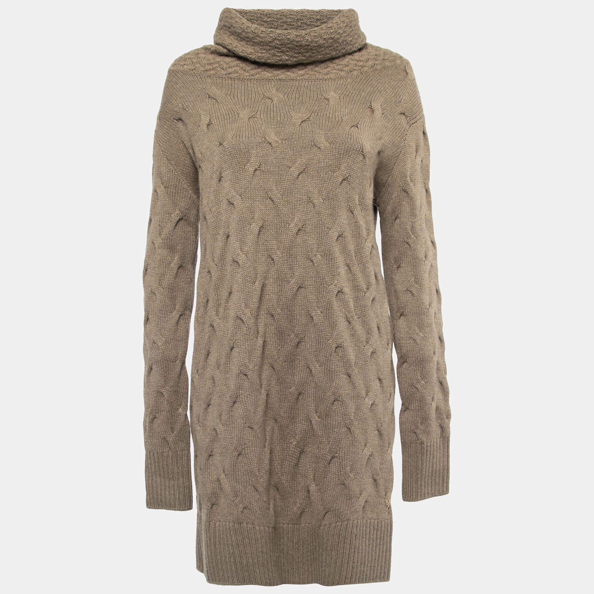 Pre Owned Loro Piana Brown Cashmere Cable Knit Turtleneck Sweater Dress M
