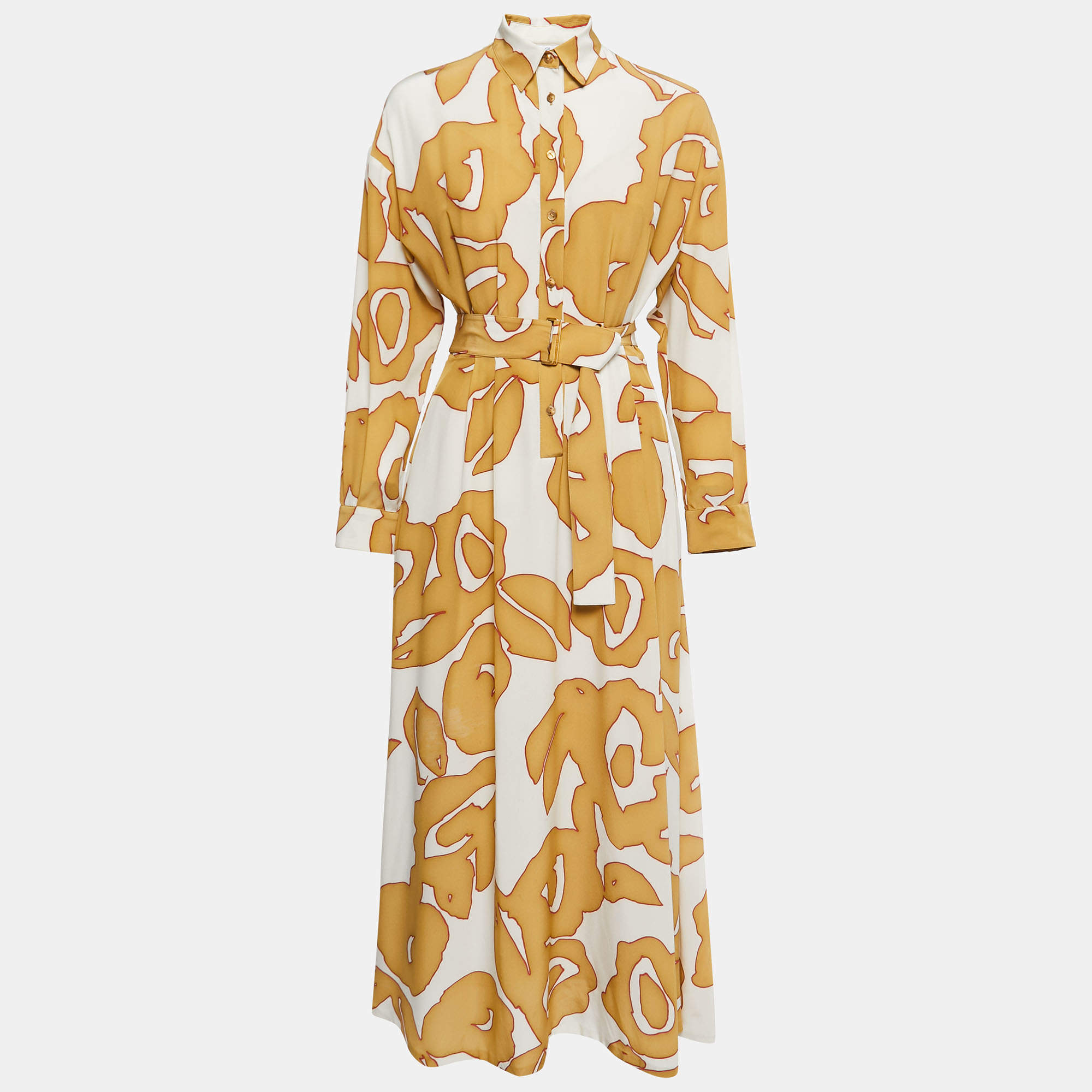 Pre Owned Loro Piana Yellow Printed Silk Belted Maxi Dress S