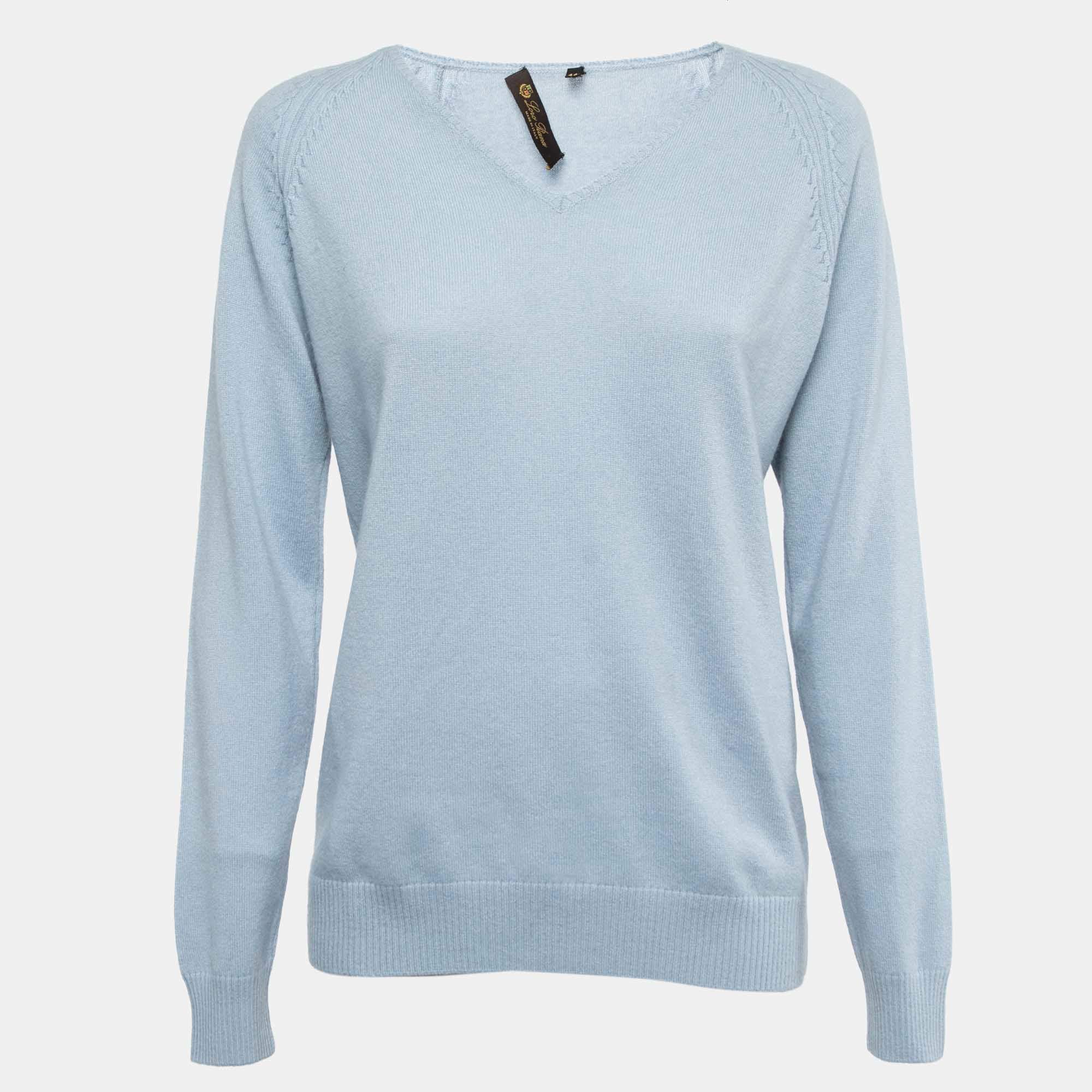 Loro Piana Light Blue Cashmere V-Neck Sweater M