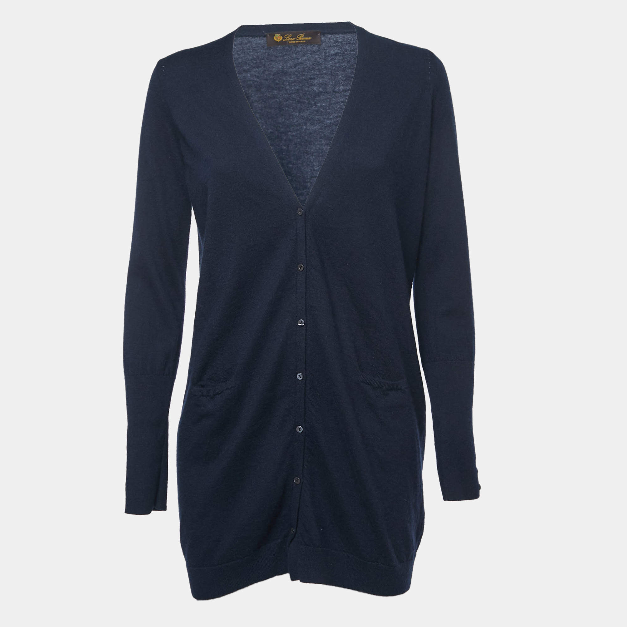 Pre Owned Loro Piana Navy Blue Cashmere Buttoned Long Cardigan M