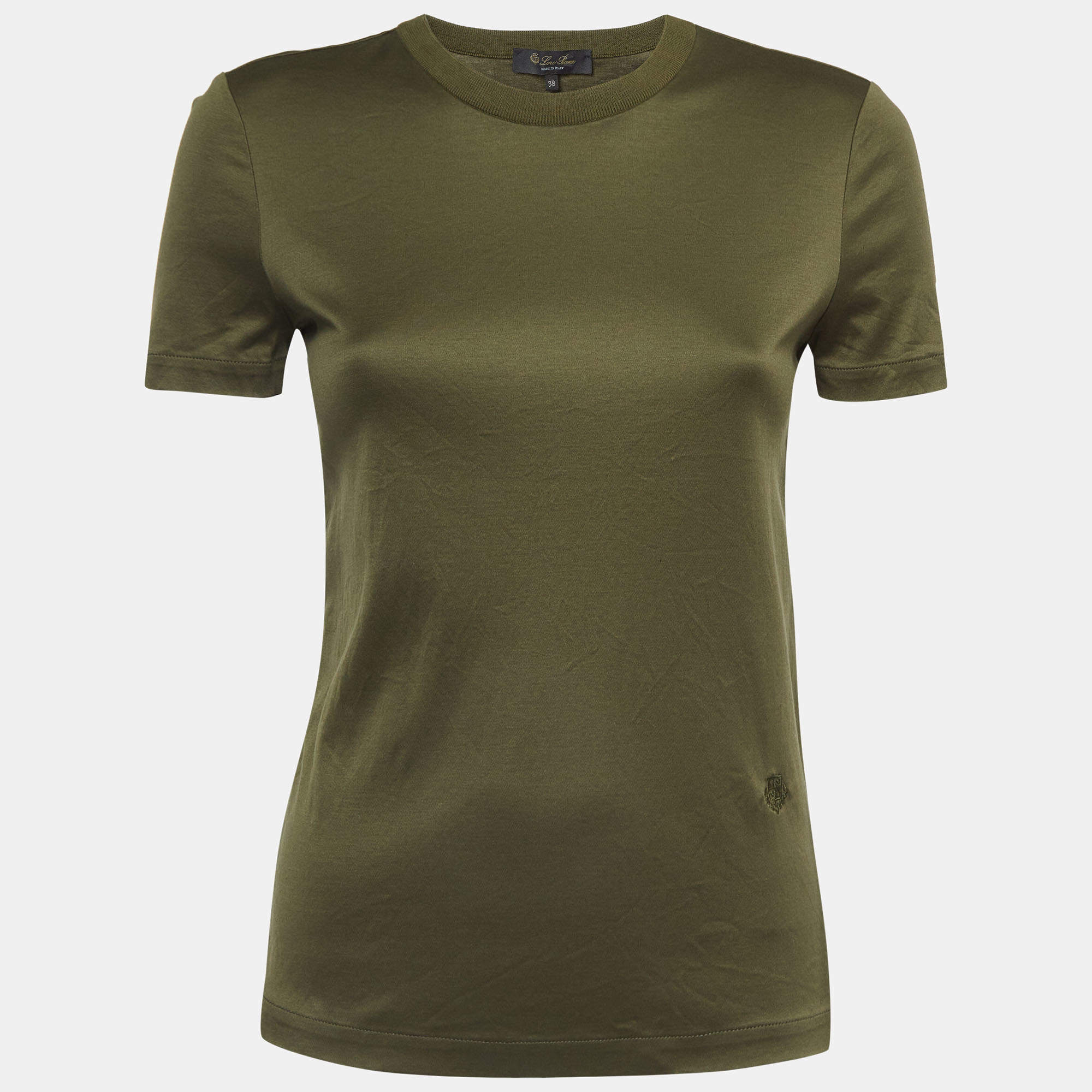 Pre Owned Loro Piana Olive Green Logo Embroidered Cotton Knit Fitted T-Shirt S