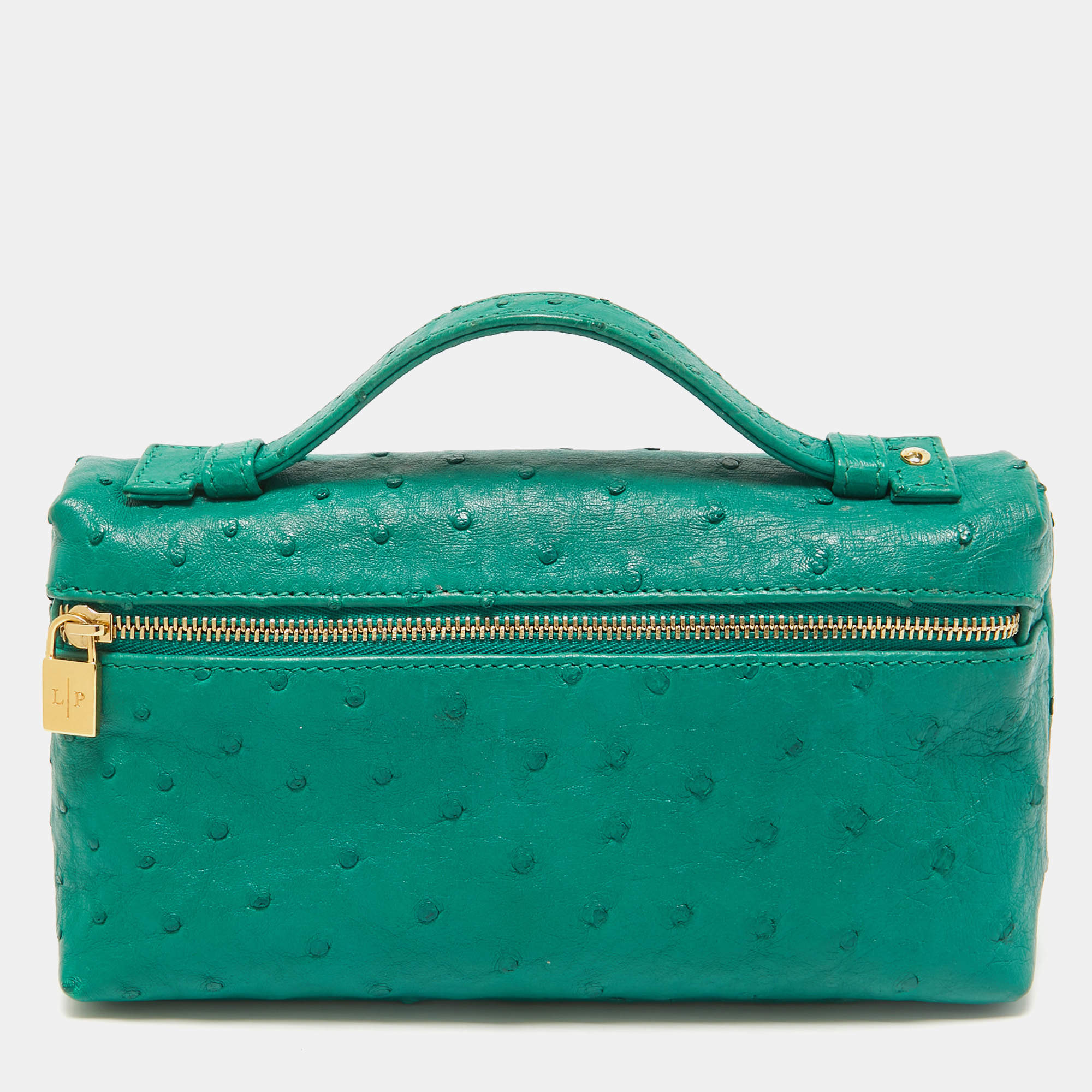 Pre Owned Loro Piana Green Ostrich Zip L19 Pouch