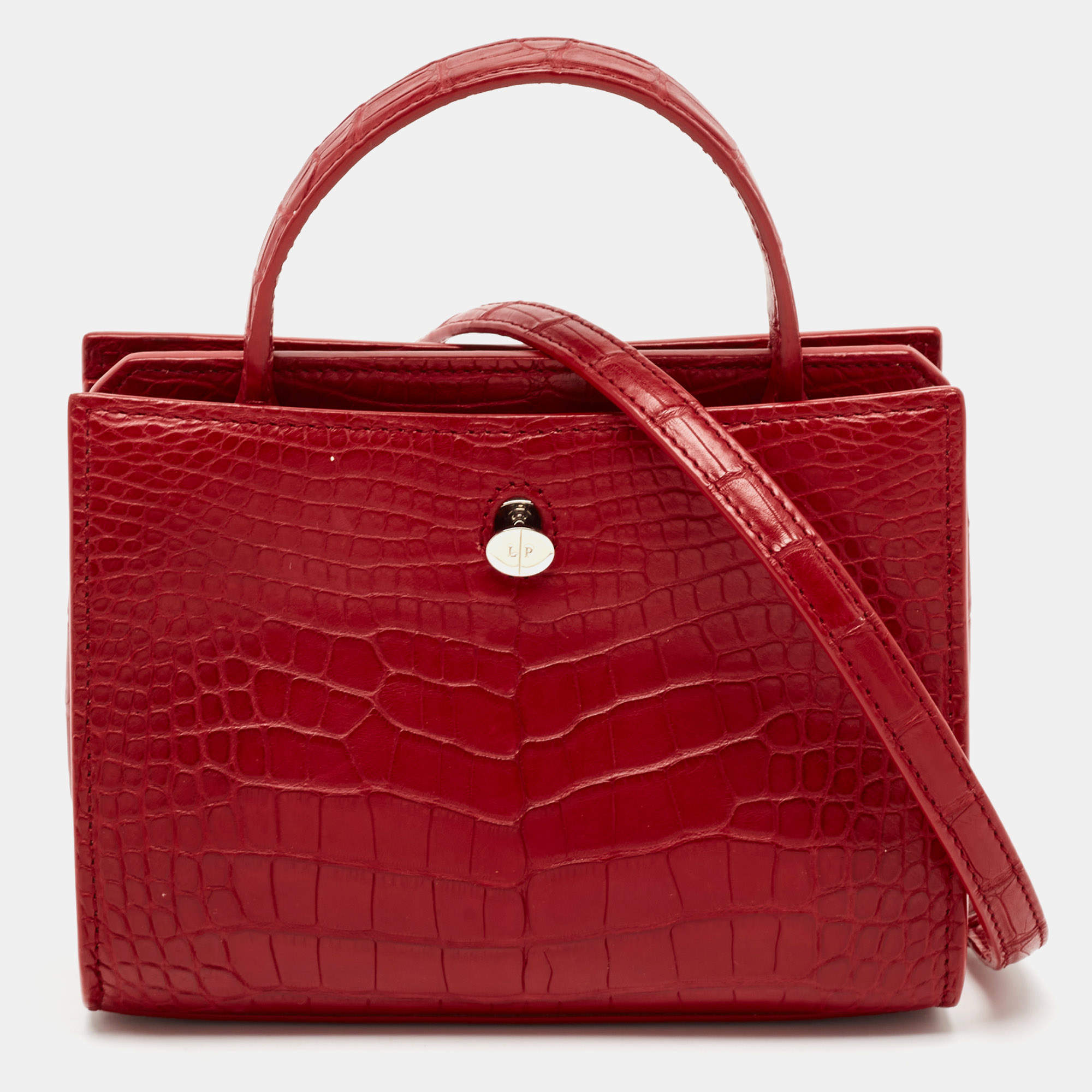 Loro Piana Red Croc Embossed Leather Cluisee Top Handle Bag