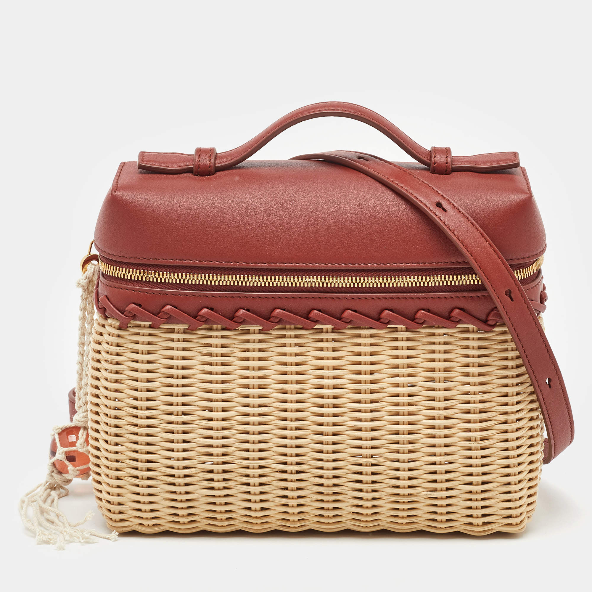 Pre Owned Loro Piana Brown/Beige Wicker and Leather Extra Pocket L19 North-South Bag