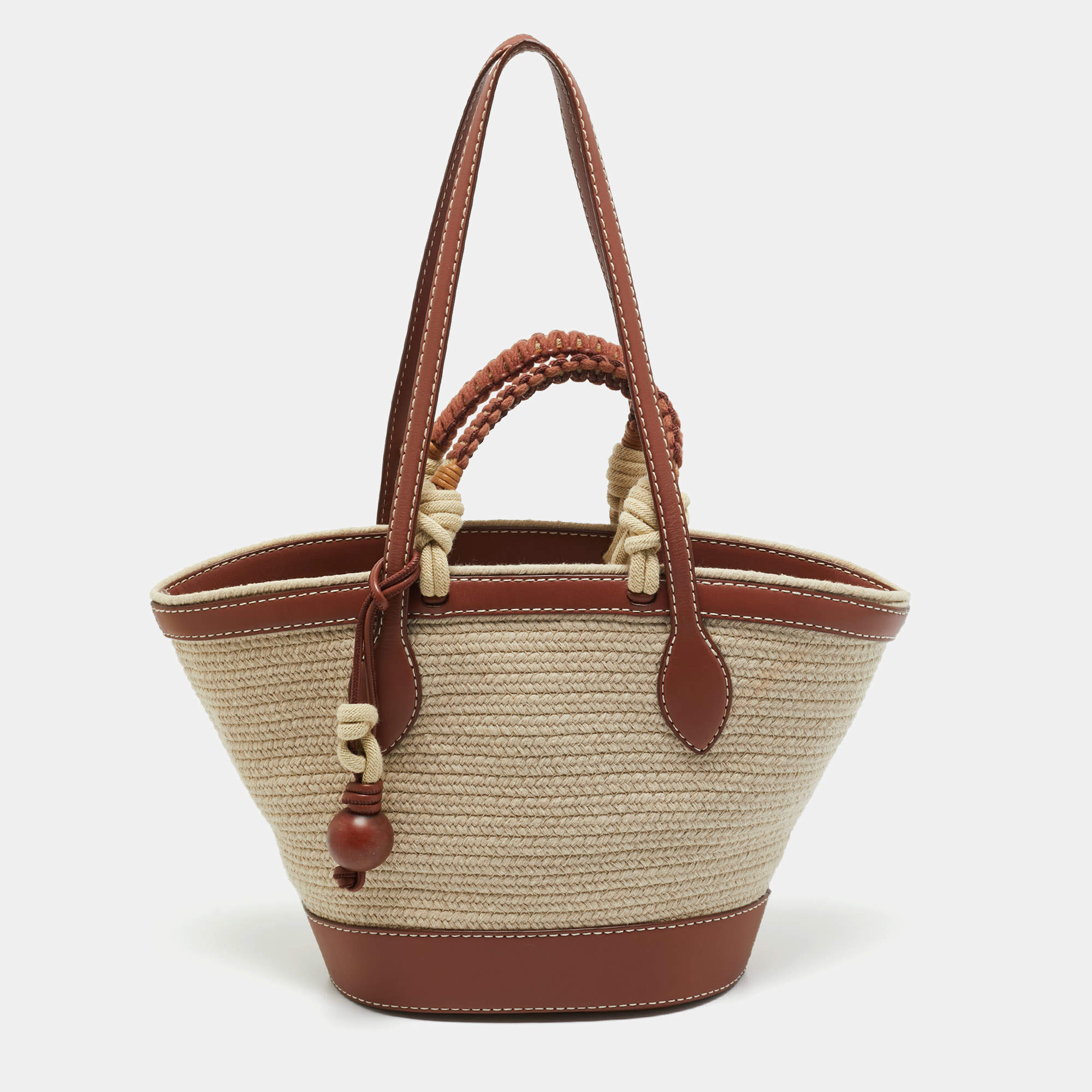 مملوكة مسبقًا Loro Piana Brown/Cream Leather and Raffia Bucket Bag