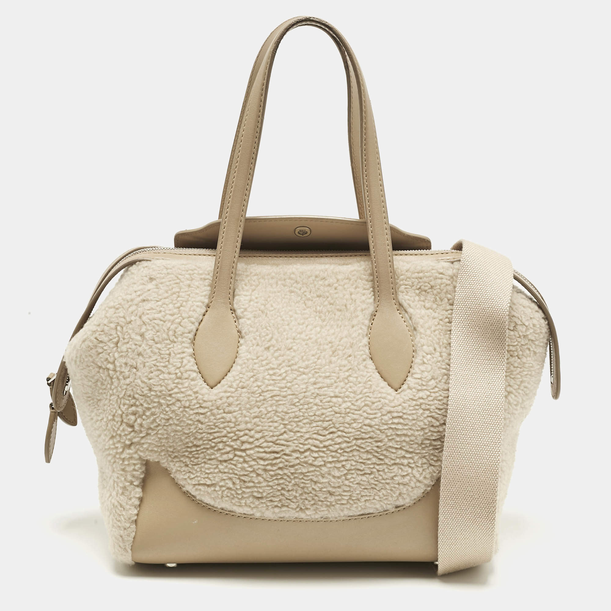 Pre Owned Loro Piana Beige Leather and Shearling Fur Micro Sesia Happy Day Bag