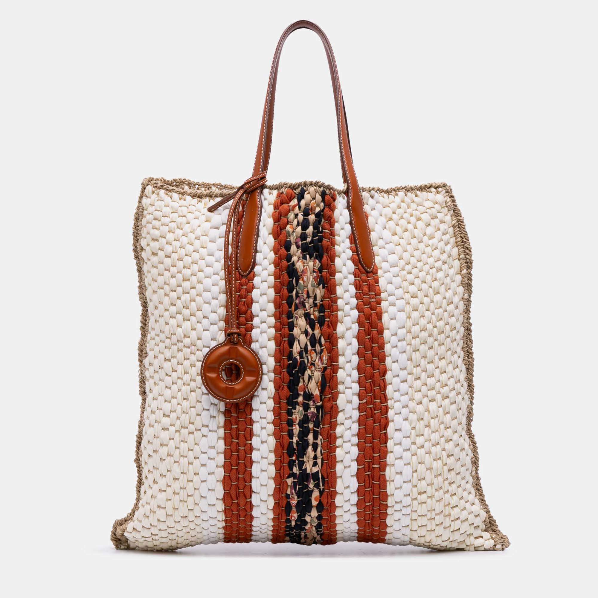 Pre Owned Loro Piana Beige Brown Crochet Wool and Silk Blossom Tote