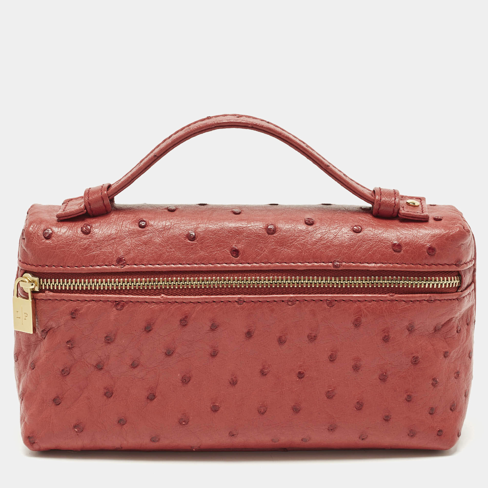 مملوكة مسبقًا حقيبة صغيرة لورو بيانا L19 جلد نعام أحمر بجيب إضافي