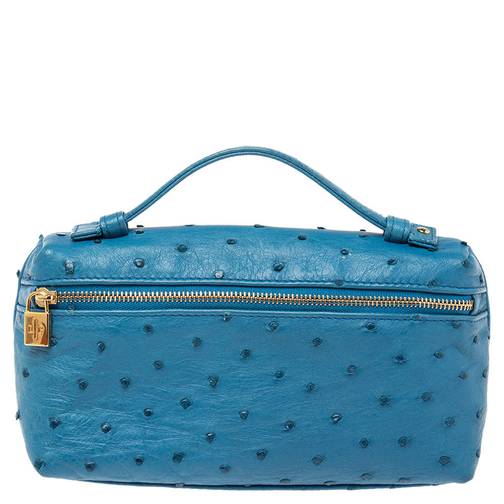 Pre Owned Loro Piana Blue Ostrich Zip L19 Pouch