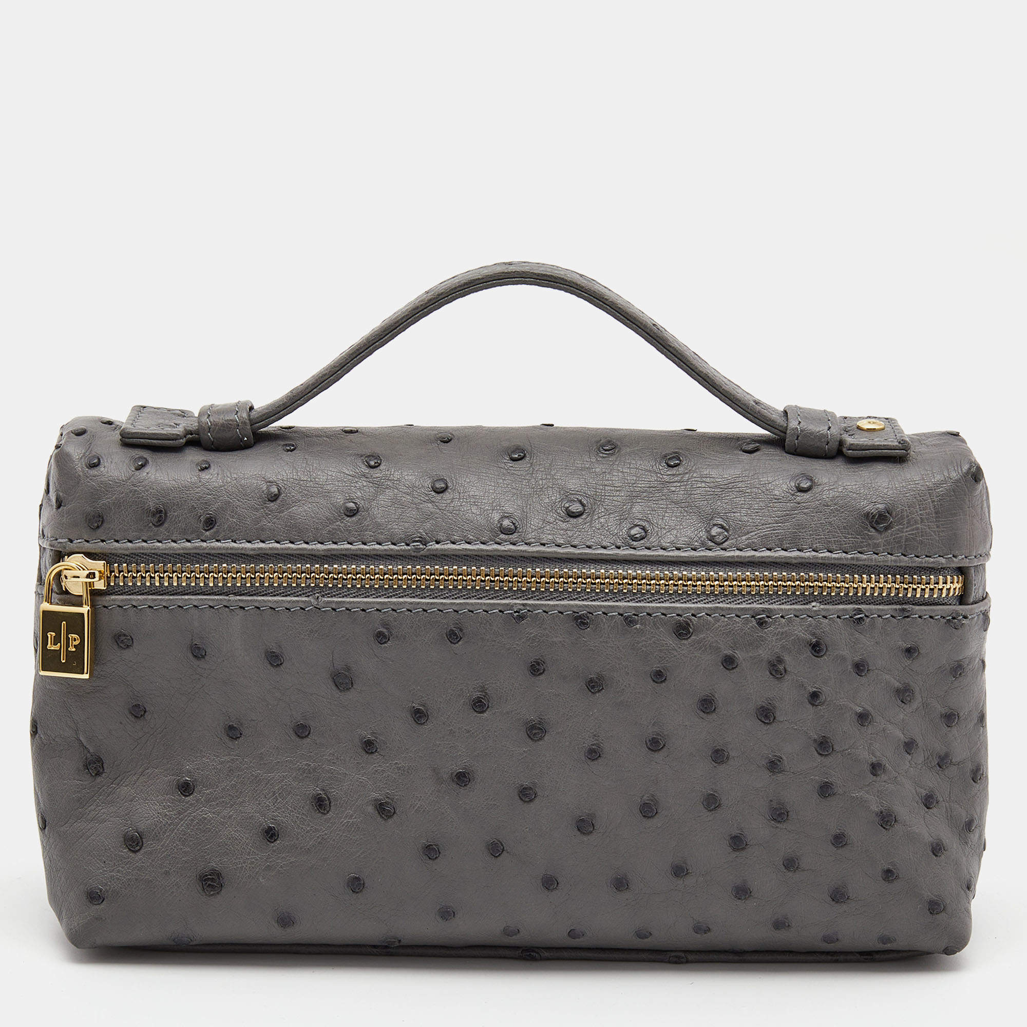Pre Owned Loro Piana Grey Ostrich Leather Zip Pouch