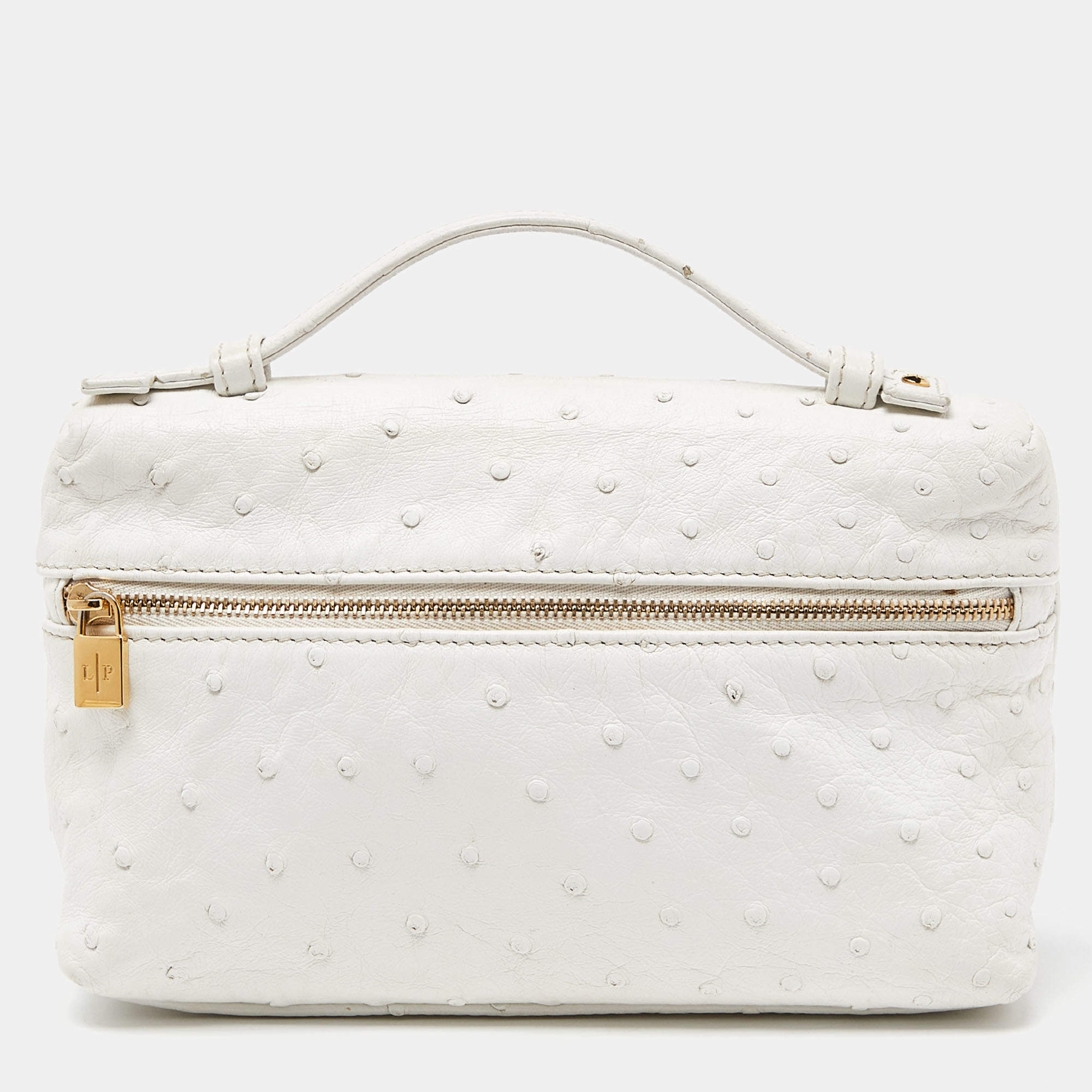 Pre Owned Loro Piana Off White Ostrich Leather Zip L19 Pouch