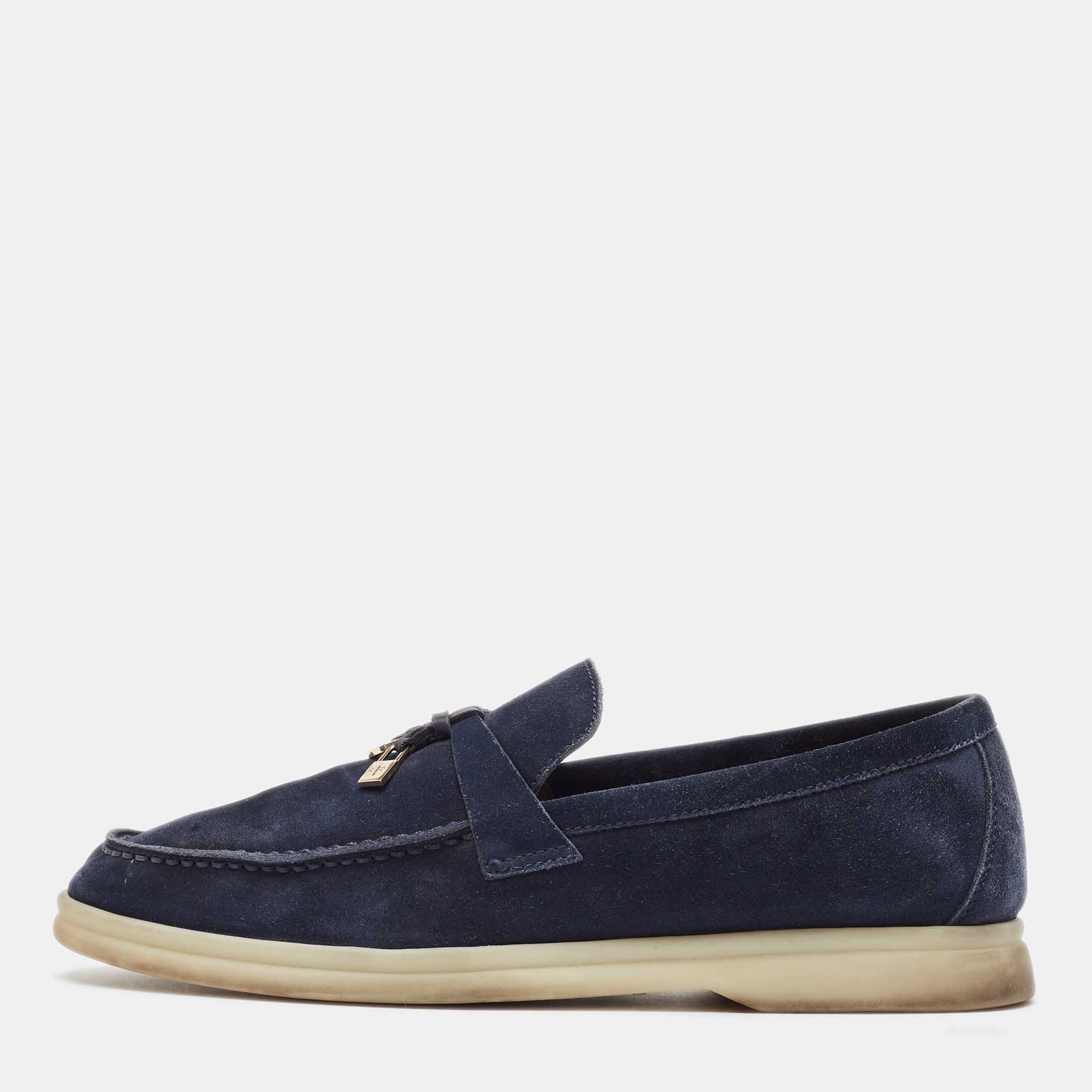 Pre Owned Loro Piana Navy Blue Suede Summer Charms Walk Loafers Size 36