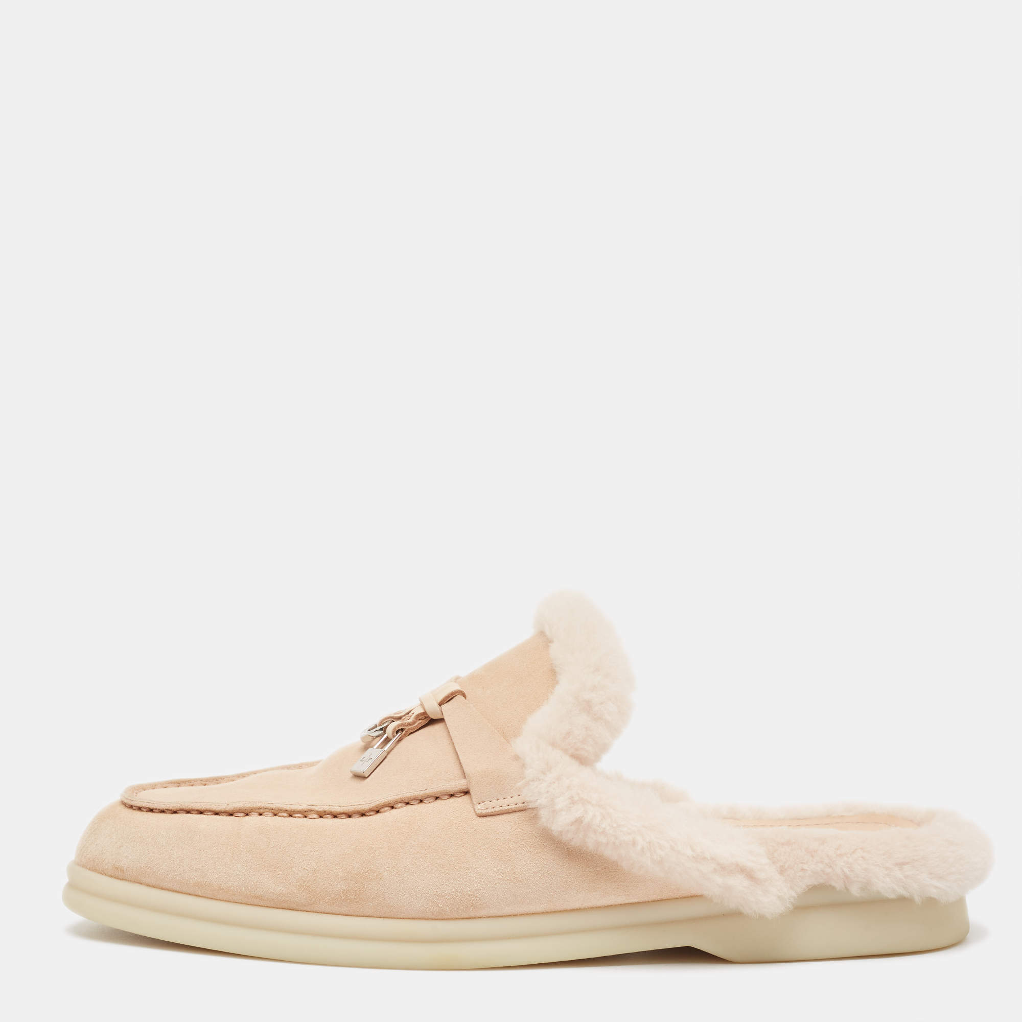 Pre Owned Loro Piana Peach Suede Babouche Charms Walk Flat Mules Size 37