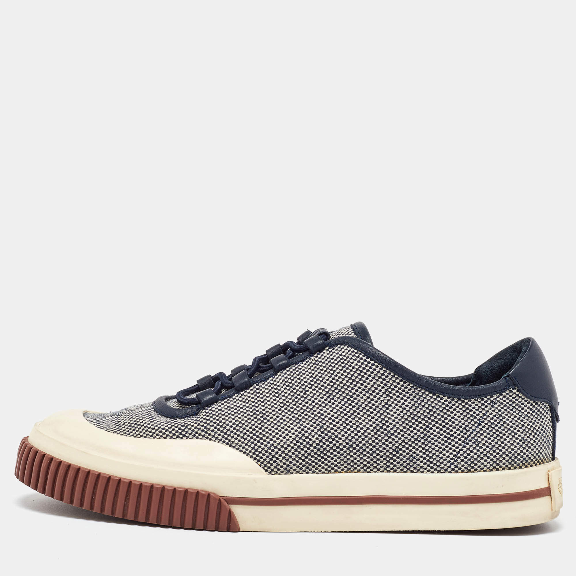 Pre Owned Loro Piana Cream/Navy Blue Canvas and Leather Low Top Sneakers Size 39