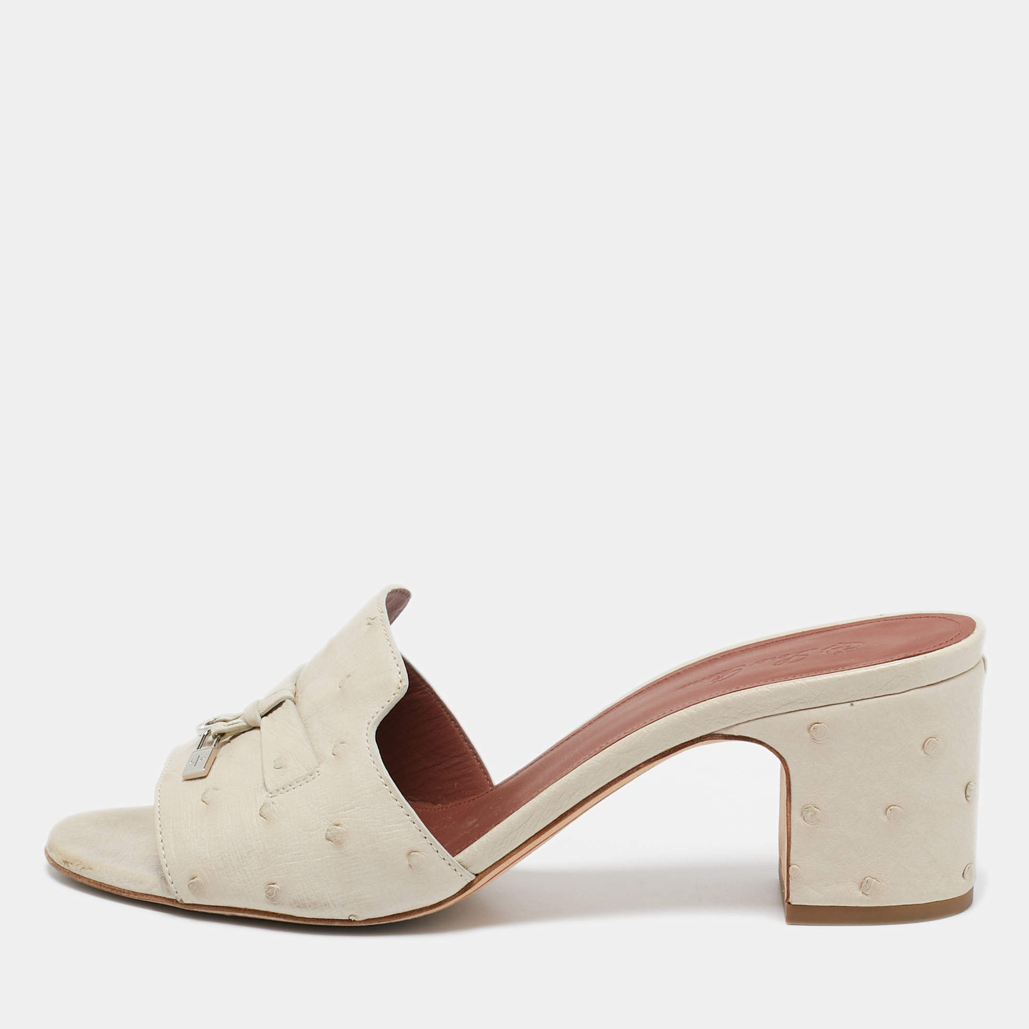 Pre Owned Loro Piana Cream Ostrich Leather Summer Charms Slide Sandals Size  39