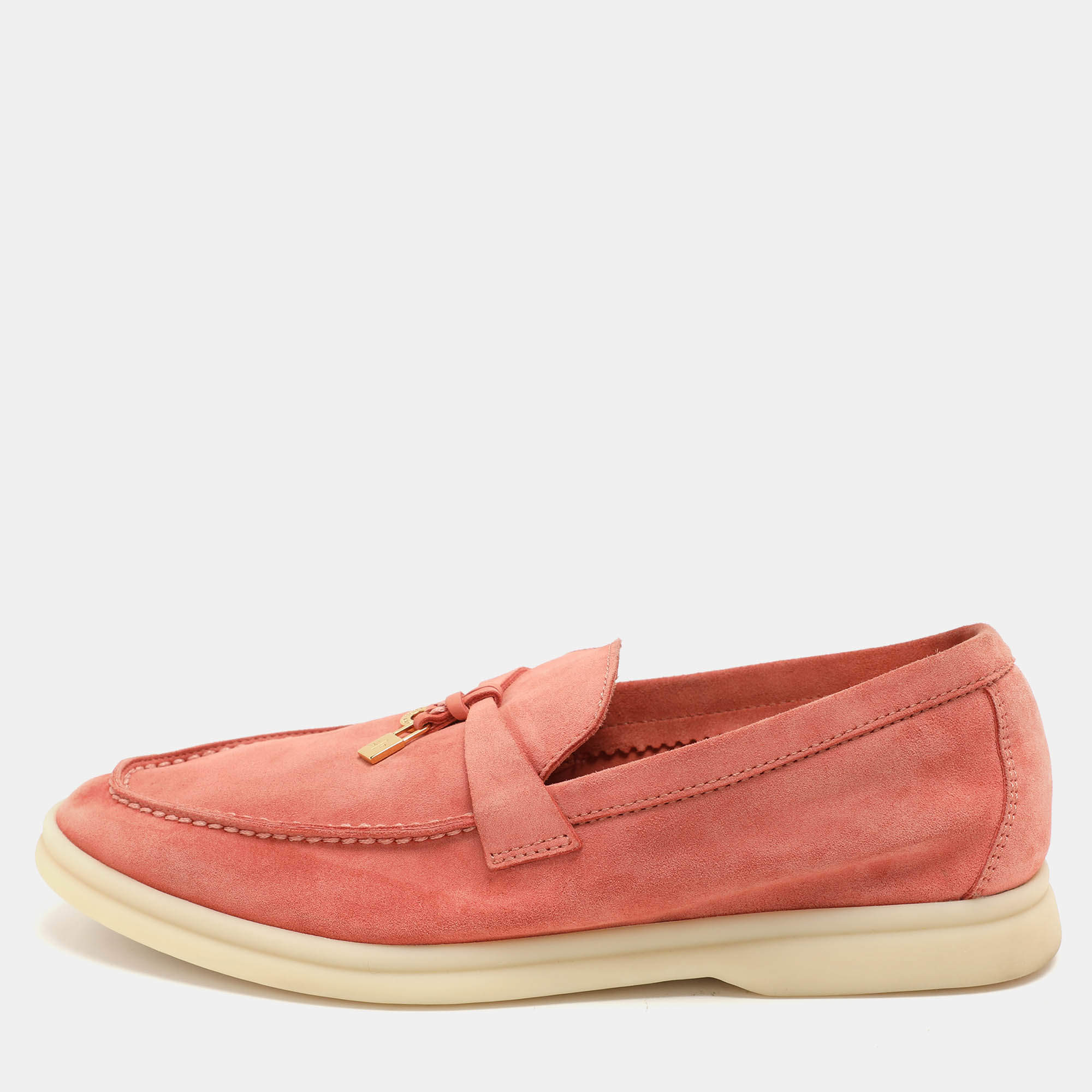 Pre Owned Loro Piana Pink Suede Summer Charms Walk Loafers Size 36