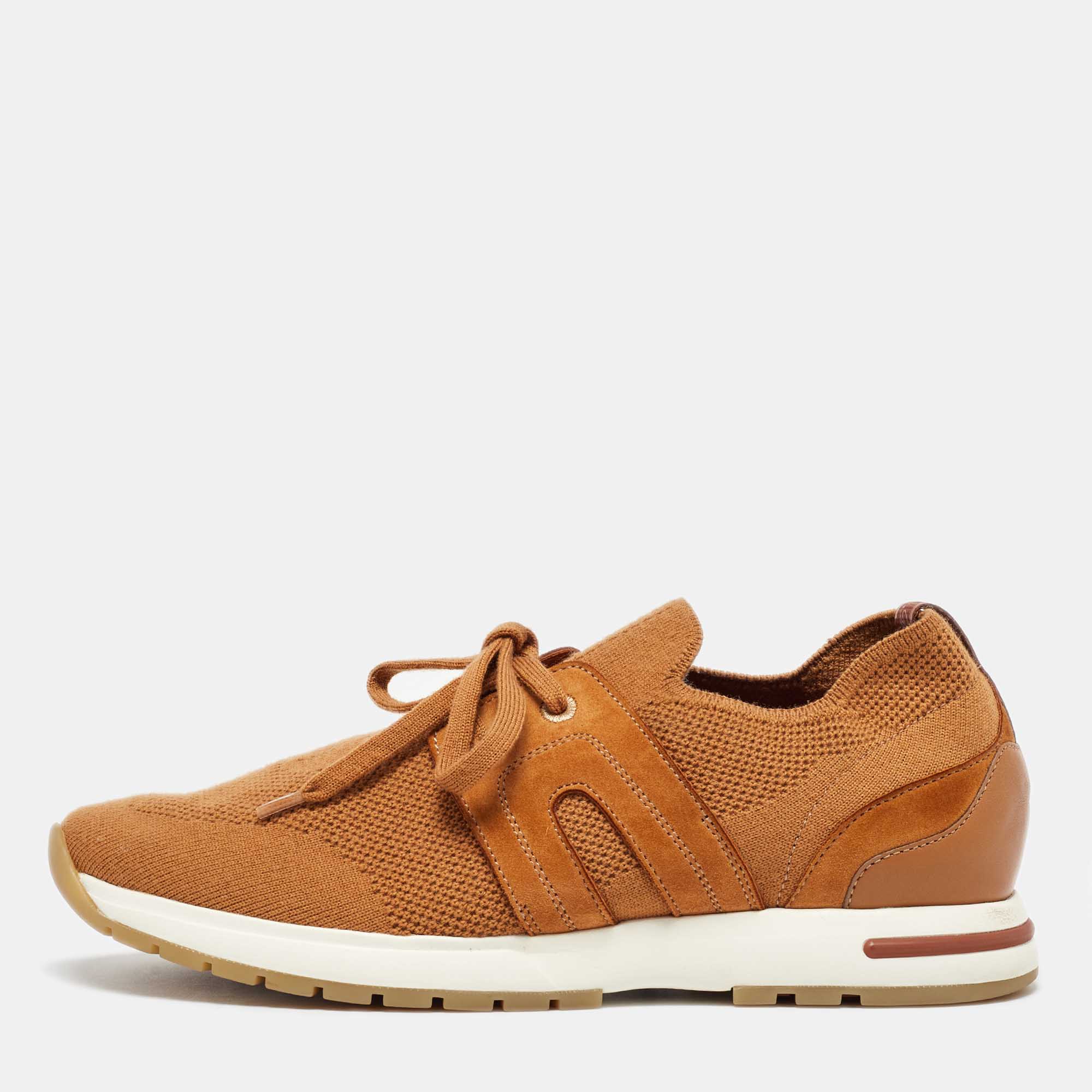 Pre Owned Loro Piana Brown Knit Fabric 360 LP Flexy Walk Low Top Sneakers Size 38