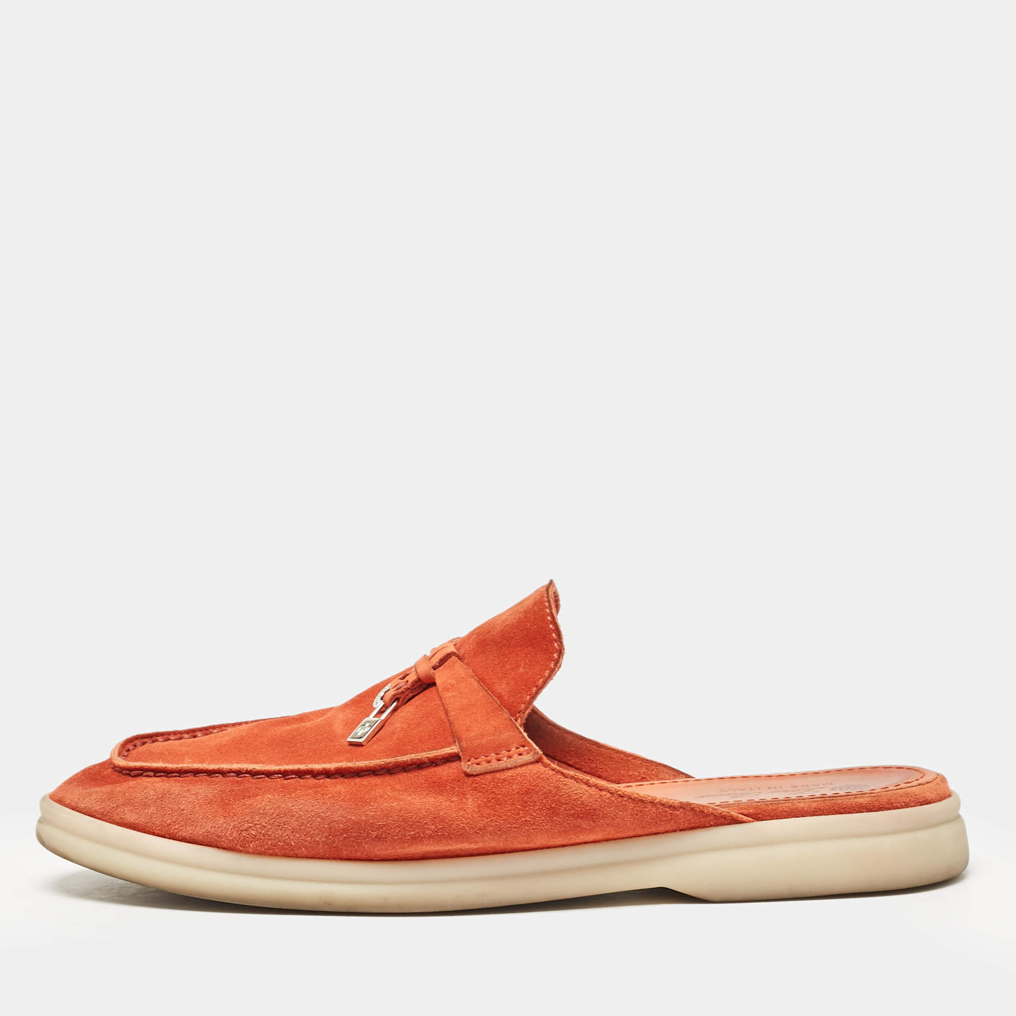 Pre Owned Loro Piana Orange Suede Babouche Charms Walk Mules Size 37.5