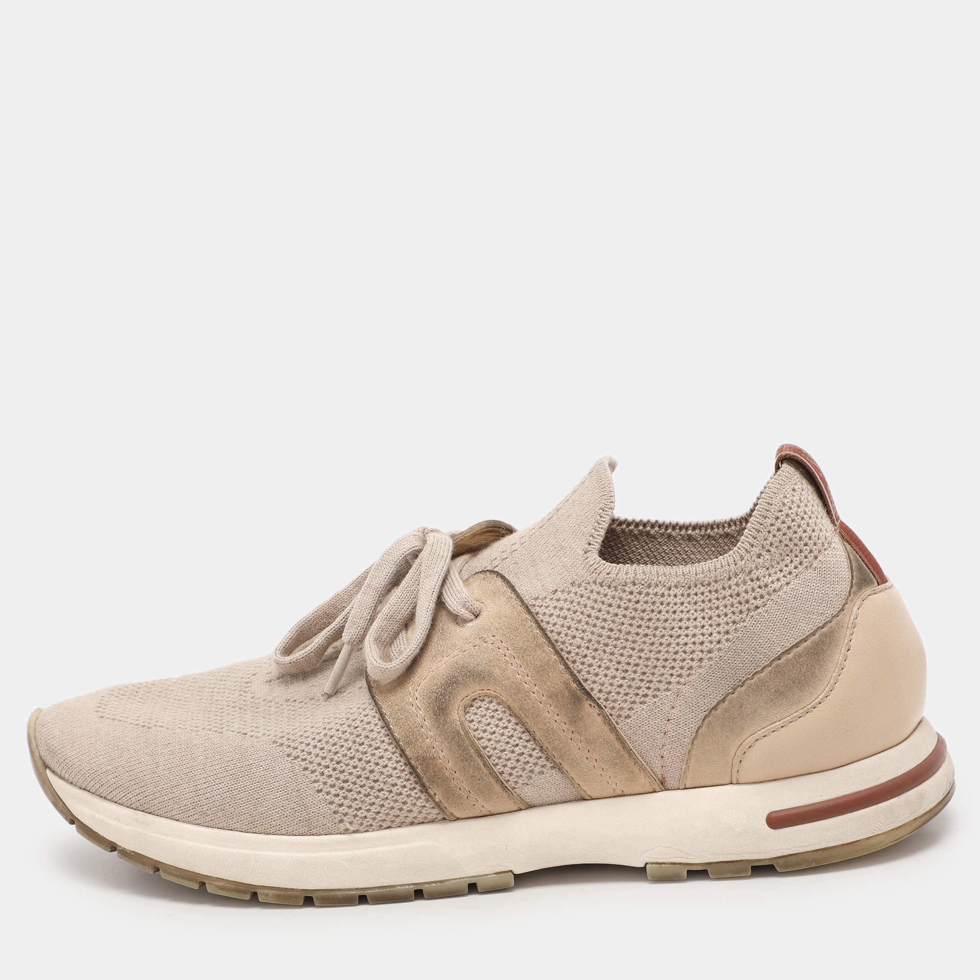 Pre Owned Loro Piana Beige Knit Fabric and Suede 360 LP Flexy Walk Low Top Sneakers Size 37