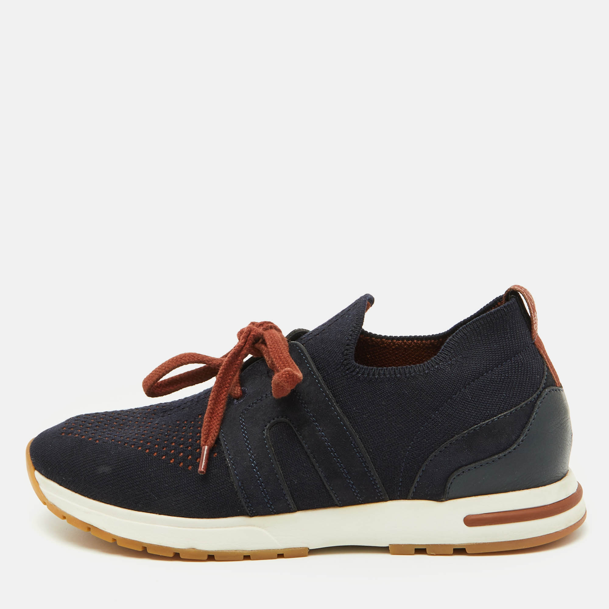 Loro Piana Navy Blue Knit Fabric 360 LP Flexy Walk Low Top Sneakers Size 36