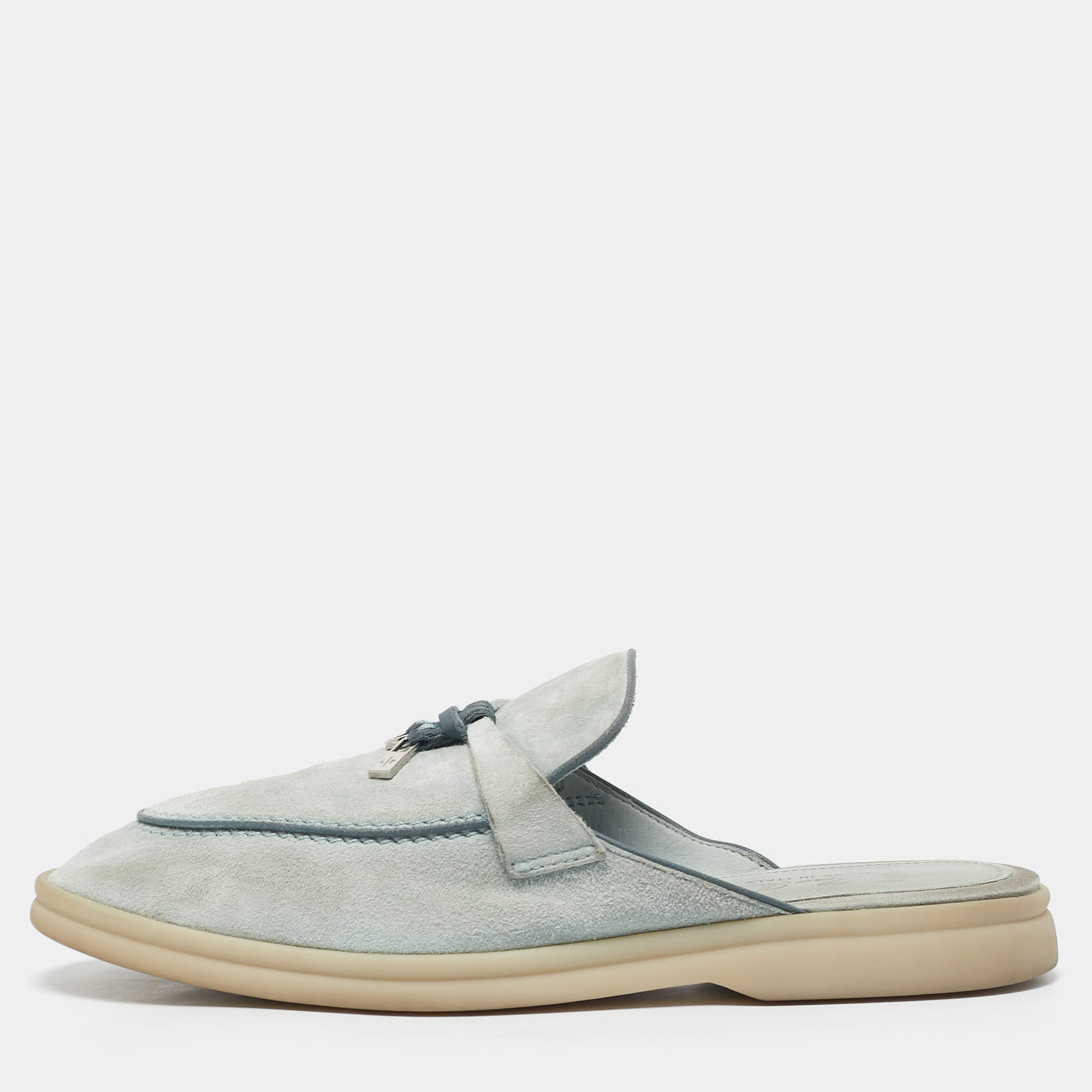 Loro Piana Light Blue Suede Babouche Charms Walk Flat Mules Size 38.5