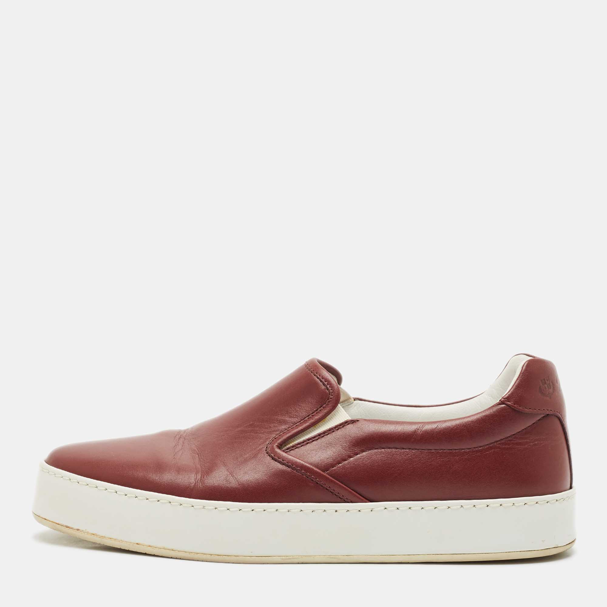 Pre Owned Loro Piana Burgundy Leather Slip On Sneakers Size 37.5