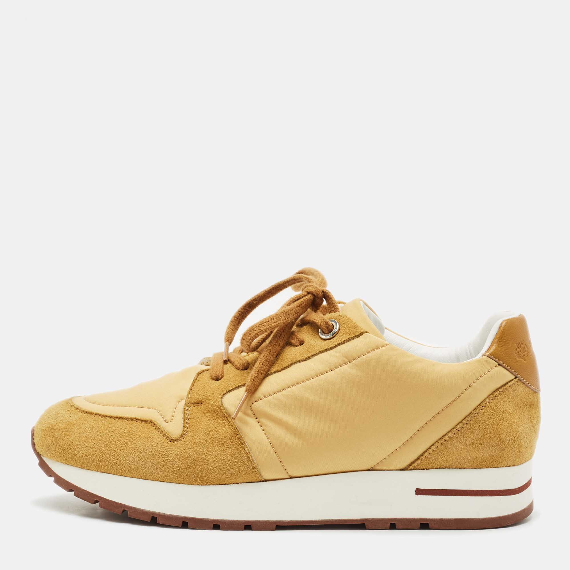 Pre Owned Loro Piana Gold Leather and Nylon My Wind Lace Up Sneakers Size 37