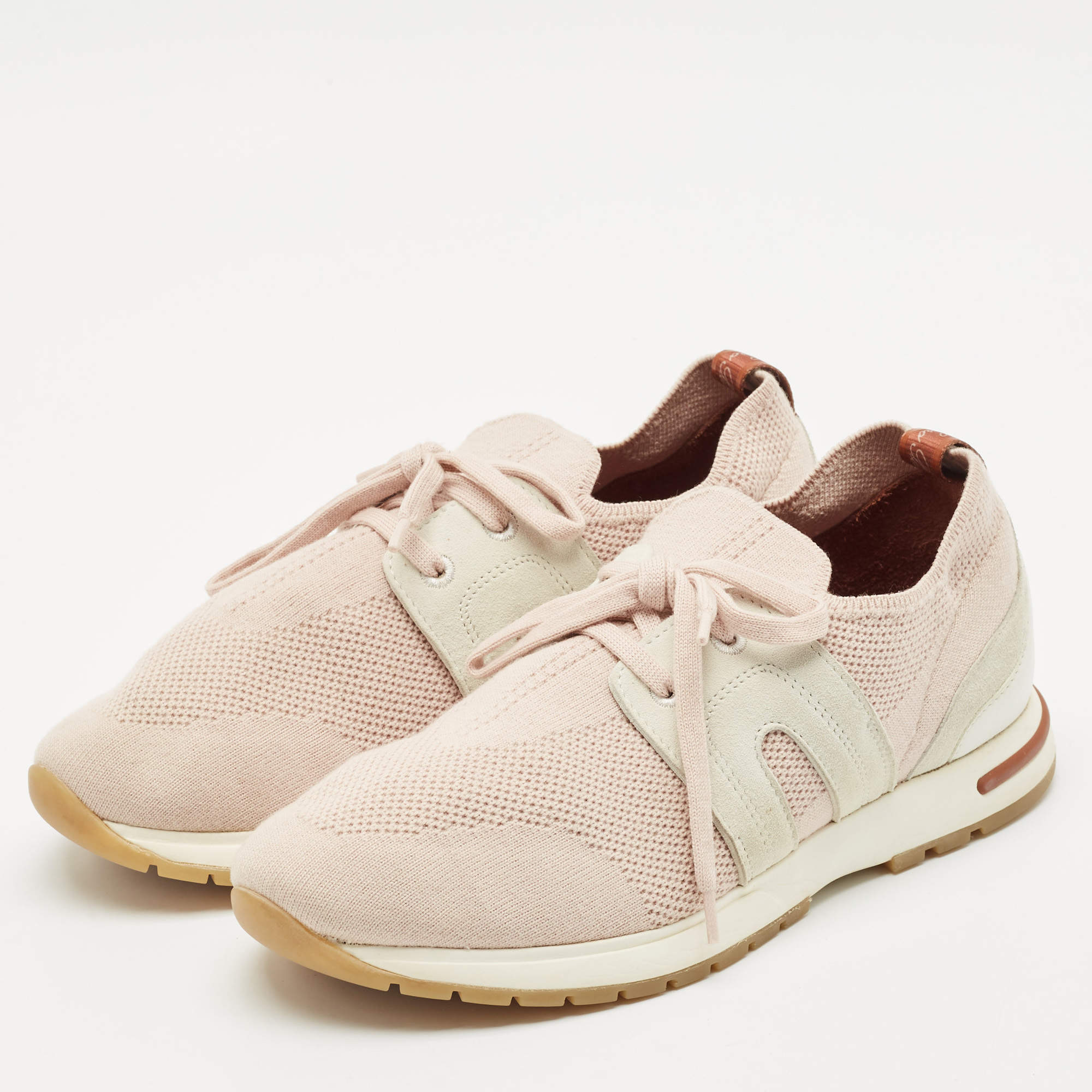 Pre Owned Loro Piana Pink/Grey Leather and Suede 360 LP Flexy Walk Low Top Sneakers Size 38
