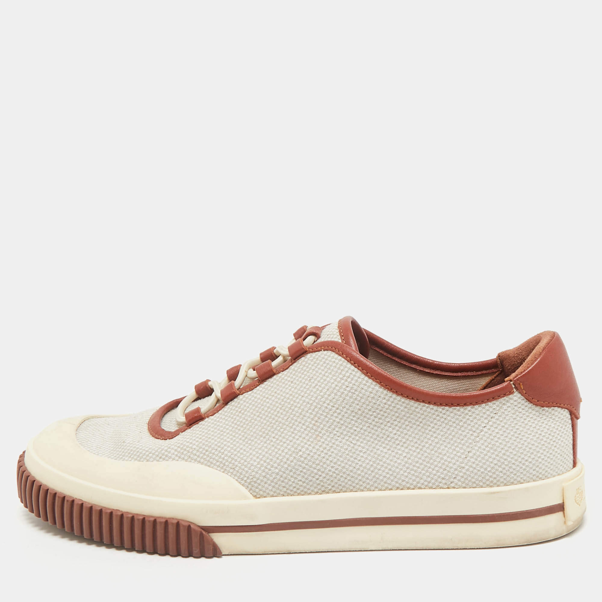 Loro Piana Grey/Brown Canvas and Leather Lace Up Sneakers Size 40