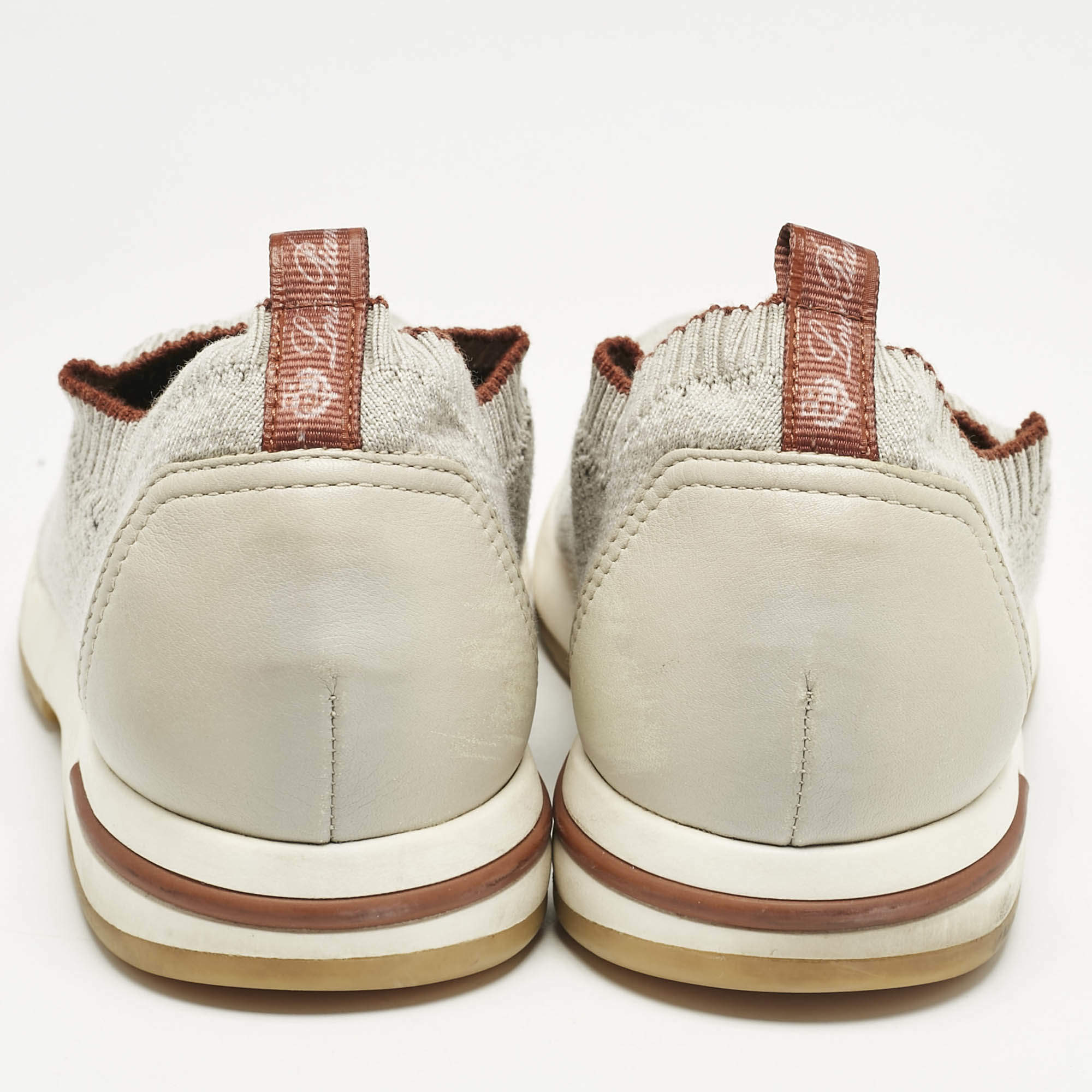 Pre Owned Loro Piana Off White/Grey Knit Fabric and Suede 360 Flexy Walker Sneakers Size 38