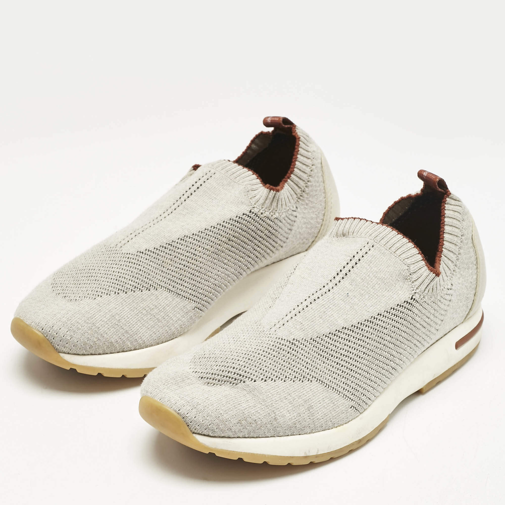 Pre Owned Loro Piana Off White/Grey Knit Fabric and Suede 360 Flexy Walker Sneakers Size 38