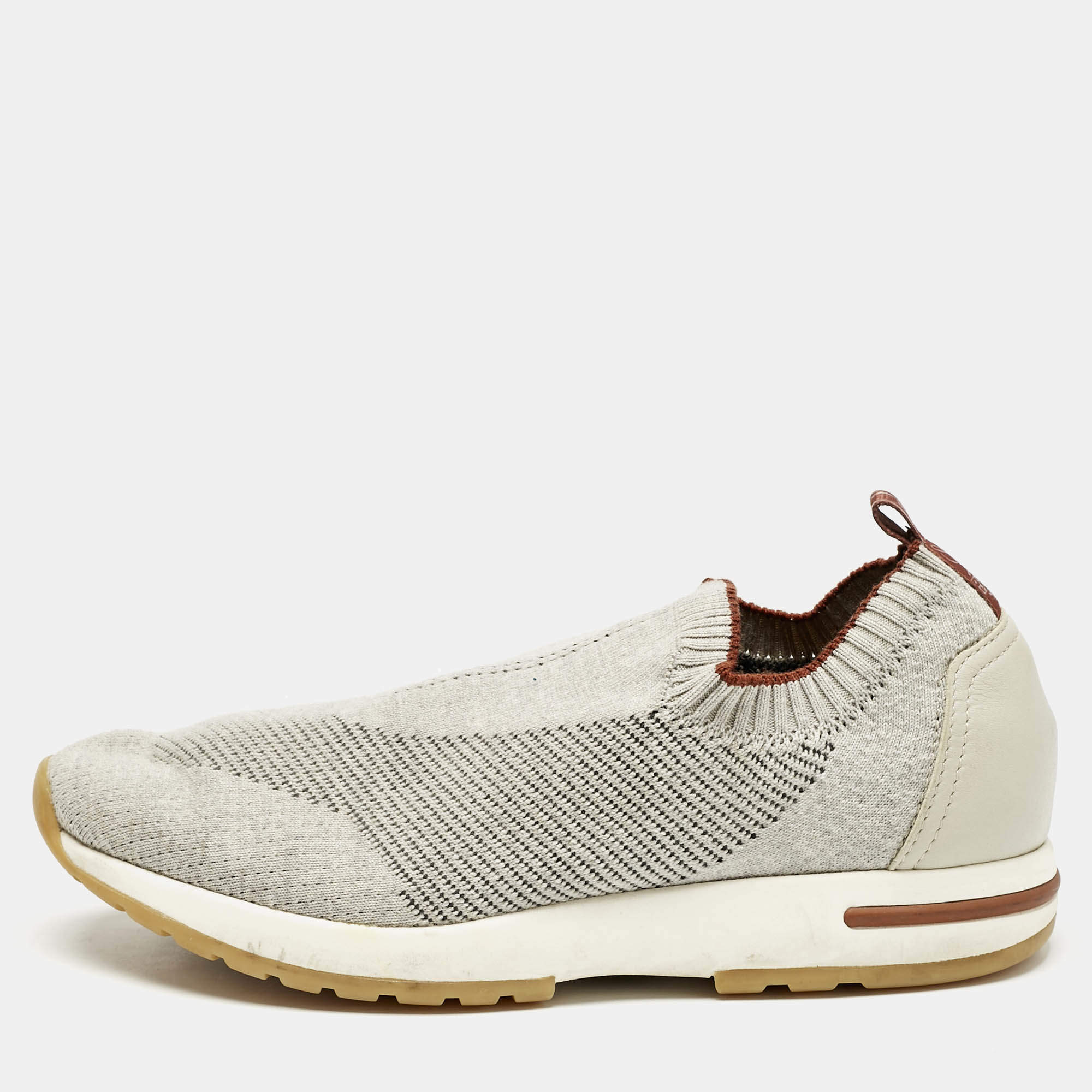 Pre Owned Loro Piana Off White/Grey Knit Fabric and Suede 360 Flexy Walker Sneakers Size 38