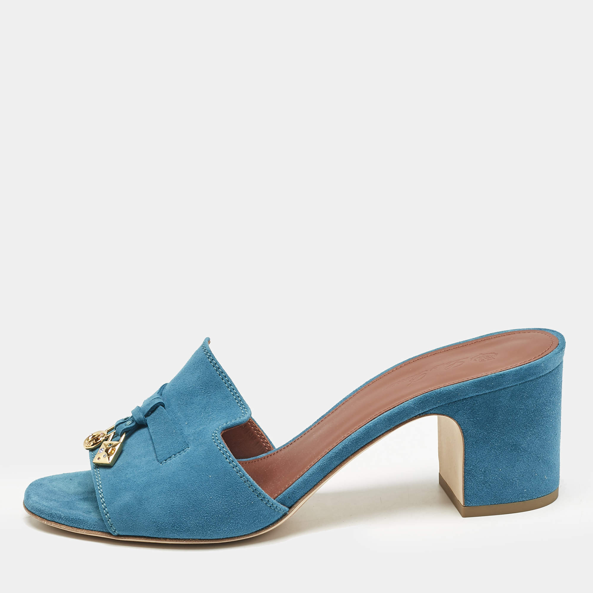 Pre Owned Loro Piana Blue Suede Summer Charms Walk Slide Sandals Size 38.5